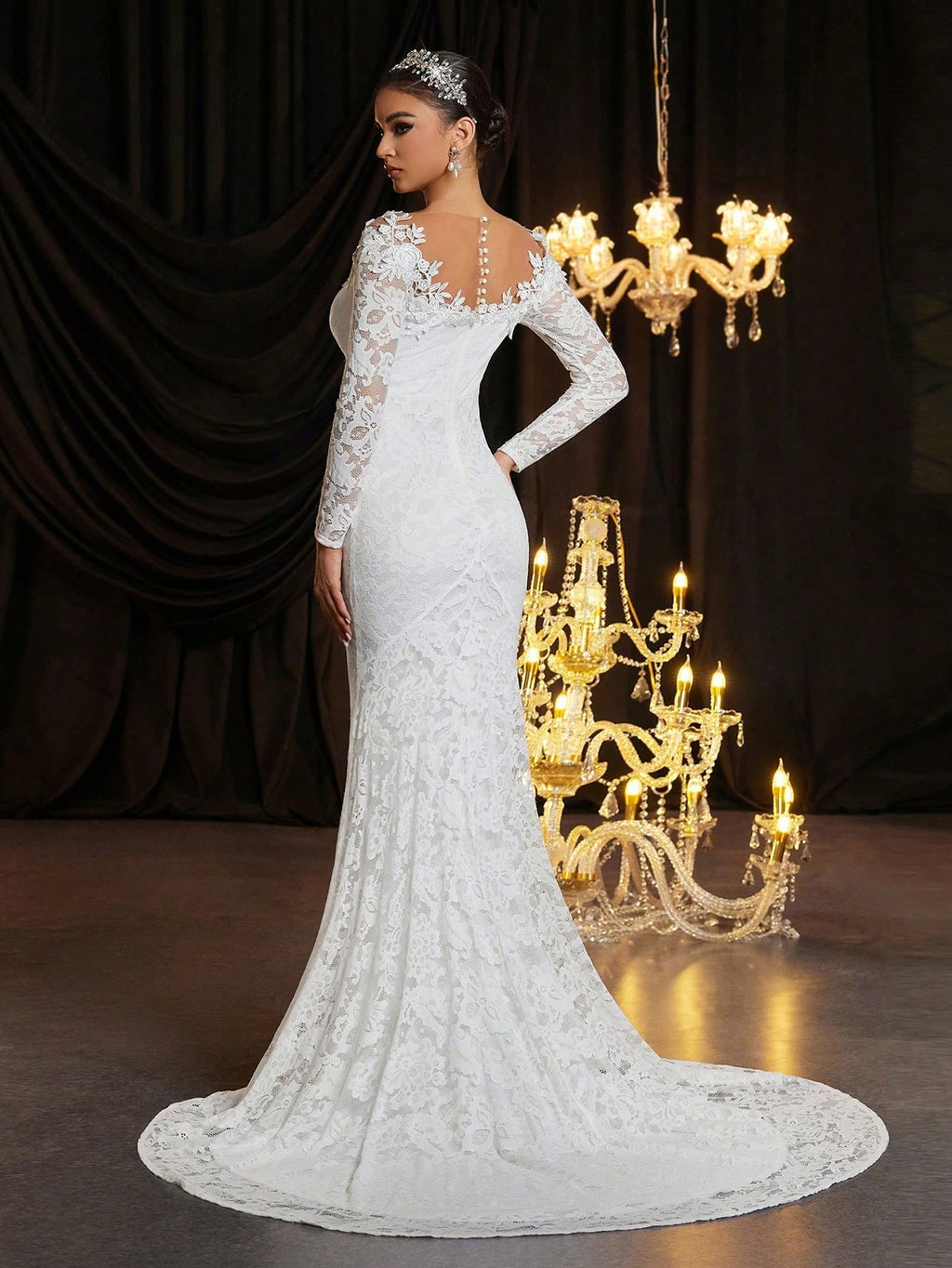 Glamrae Petite White Winter Elegant Silky Wedding Dress Petite Fit 150-160cm Full Lace Floral Sheer Long - image 4