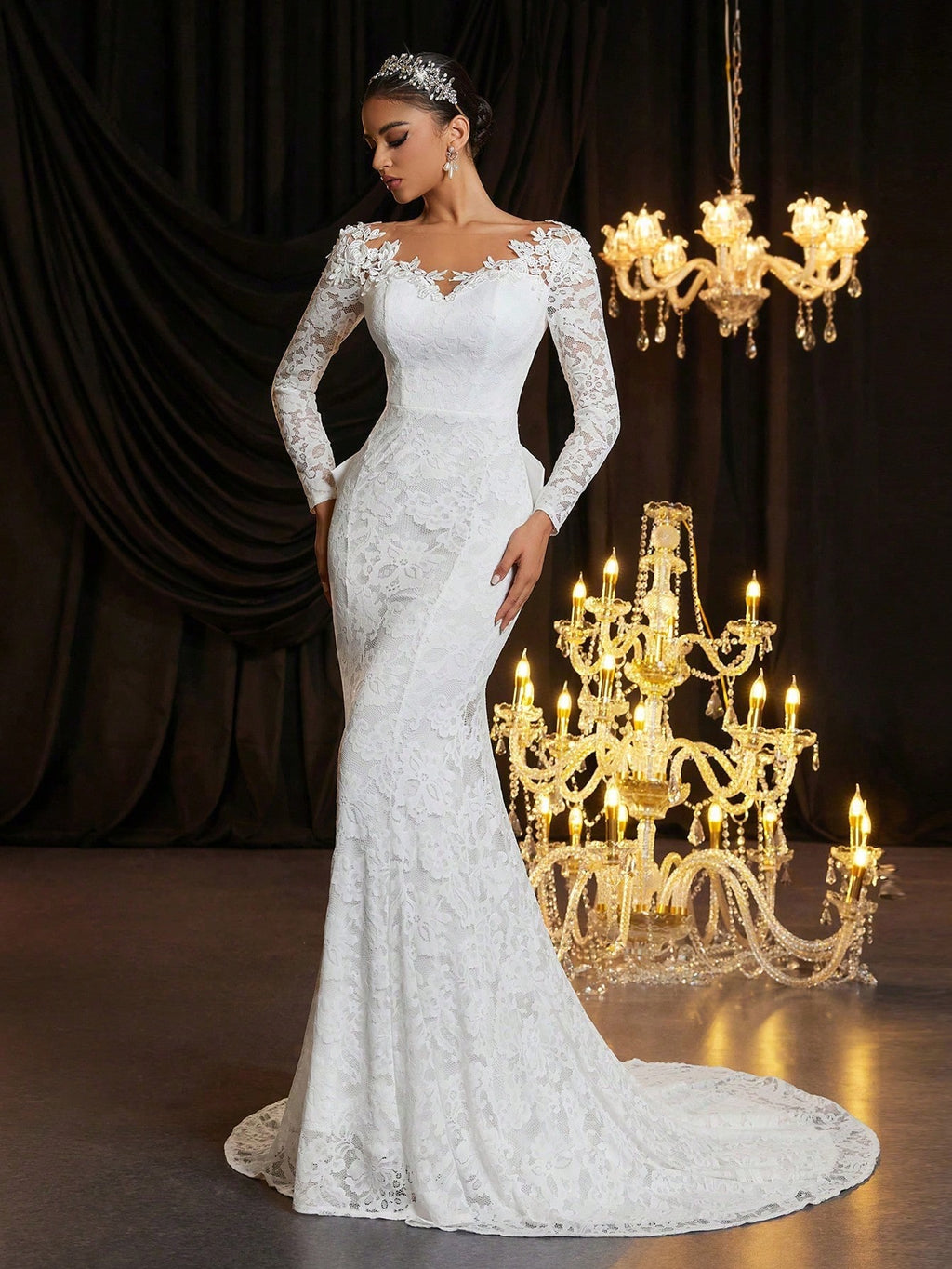 Glamrae Petite White Winter Elegant Silky Wedding Dress Petite Fit 150-160cm Full Lace Floral Sheer Long - image 5