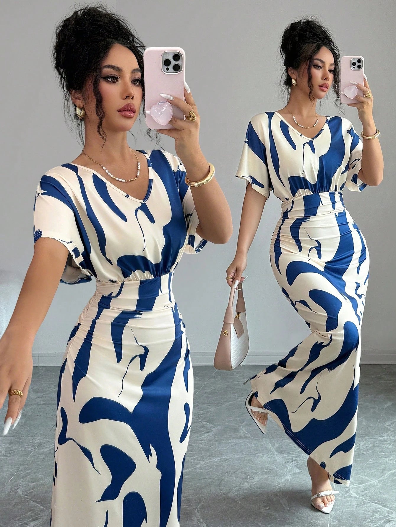 Elenzga Women's Fashion Printed V-Neck Short Sleeve Ruched Waist