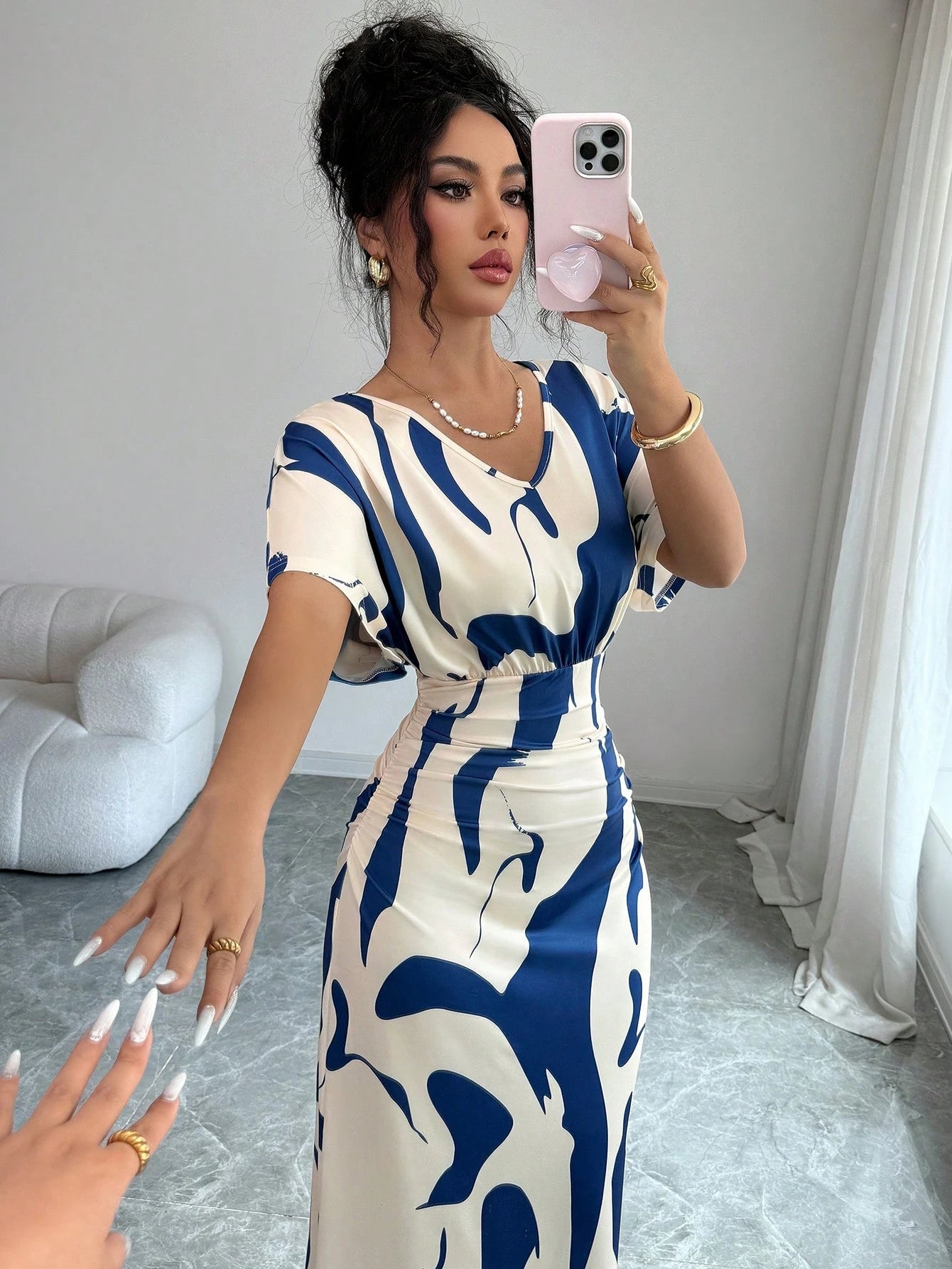 Elenzga Women's Fashion Printed V-Neck Short Sleeve Ruched Waist