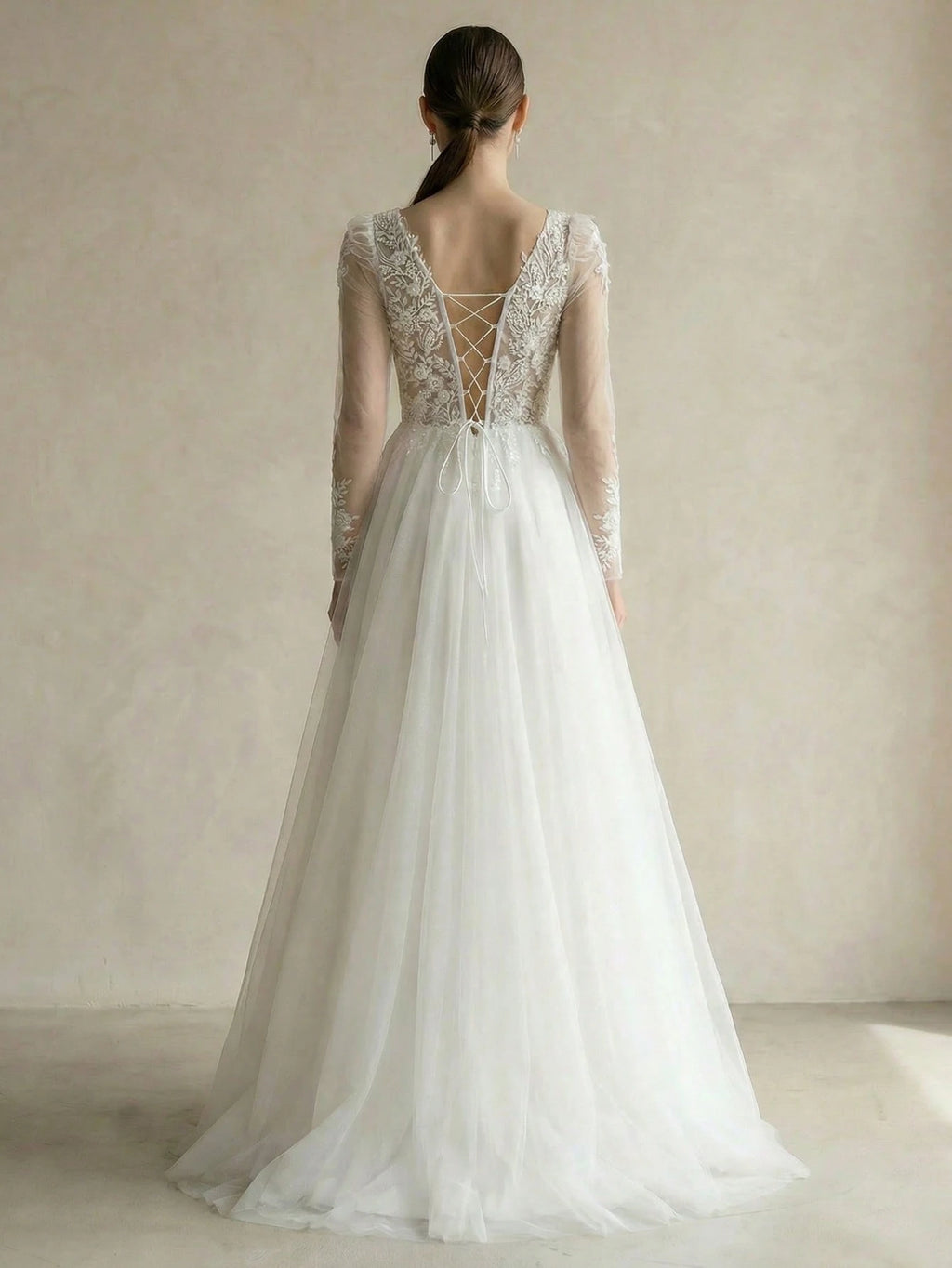 Solid Color Sequin Patchwork Mesh Splice V-Neck Long Sleeve Wedding Dress - image 2