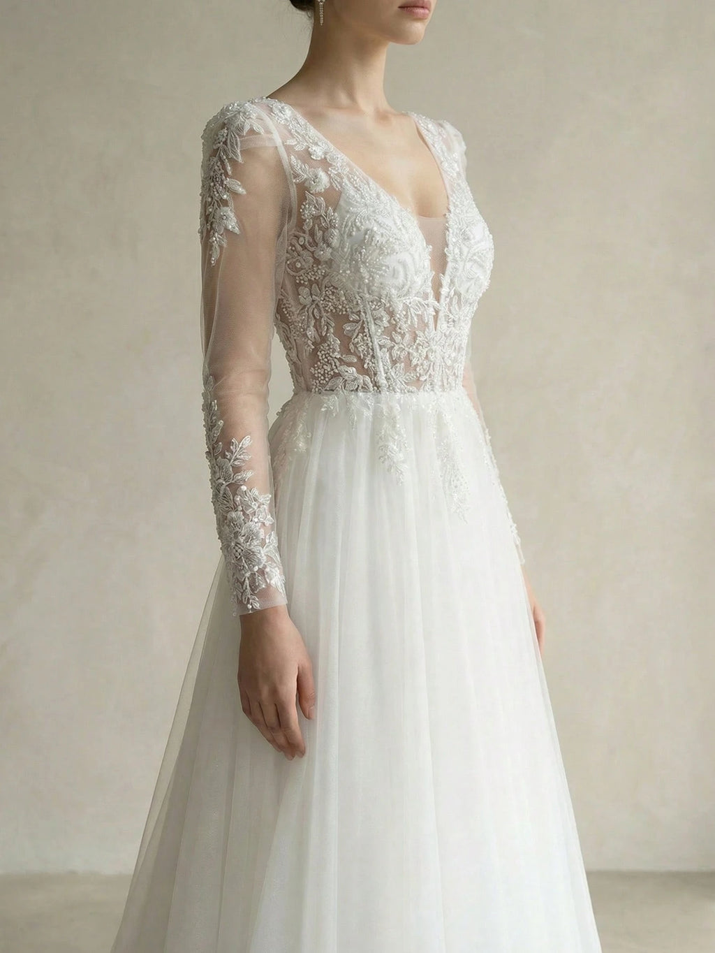 Solid Color Sequin Patchwork Mesh Splice V-Neck Long Sleeve Wedding Dress - image 4
