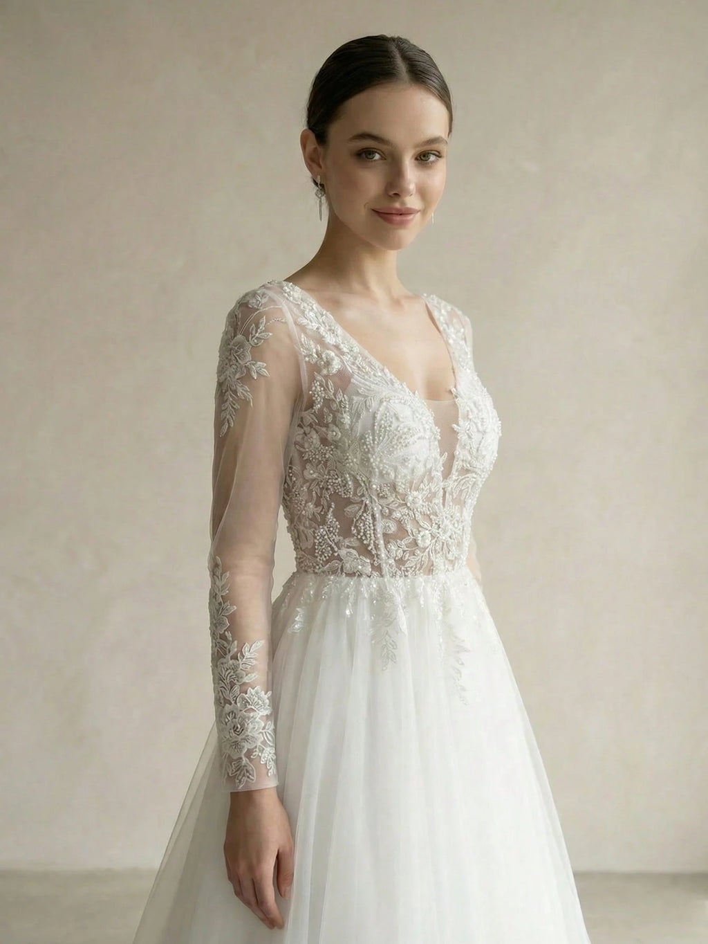 Solid Color Sequin Patchwork Mesh Splice V-Neck Long Sleeve Wedding Dress - image 3