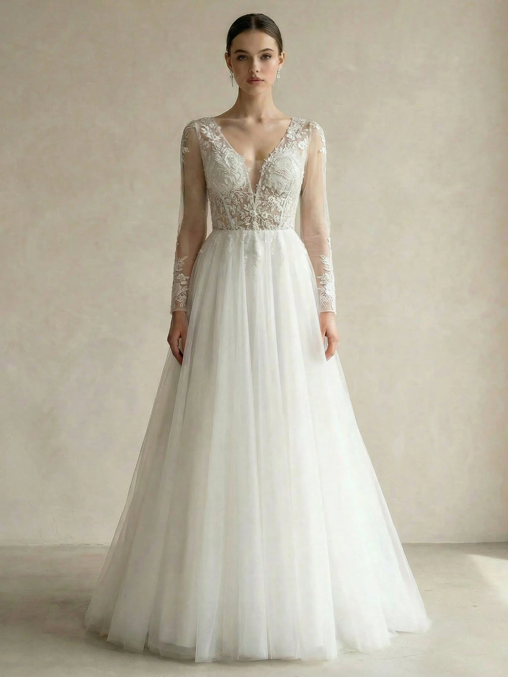 Solid Color Sequin Patchwork Mesh Splice V-Neck Long Sleeve Wedding Dress