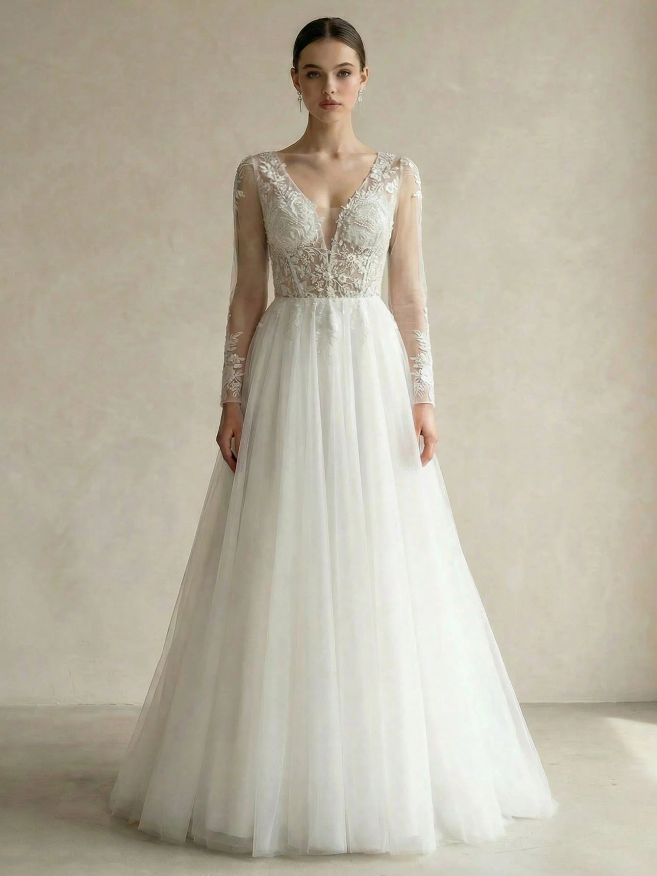 Solid Color Sequin Patchwork Mesh Splice V-Neck Long Sleeve Wedding Dress
