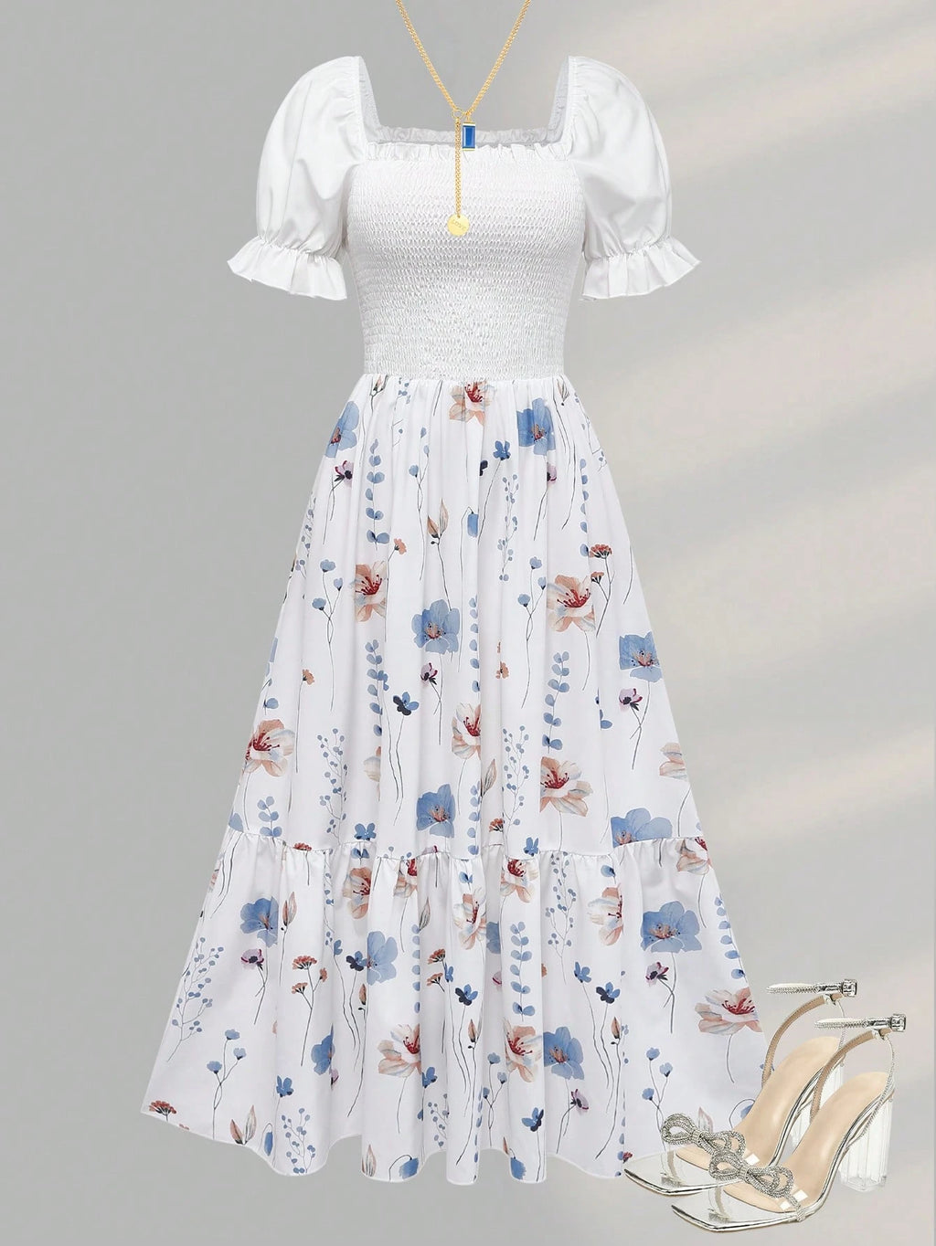 Women's Summer Vacation Floral Bright Print Waist Patchwork Dress,