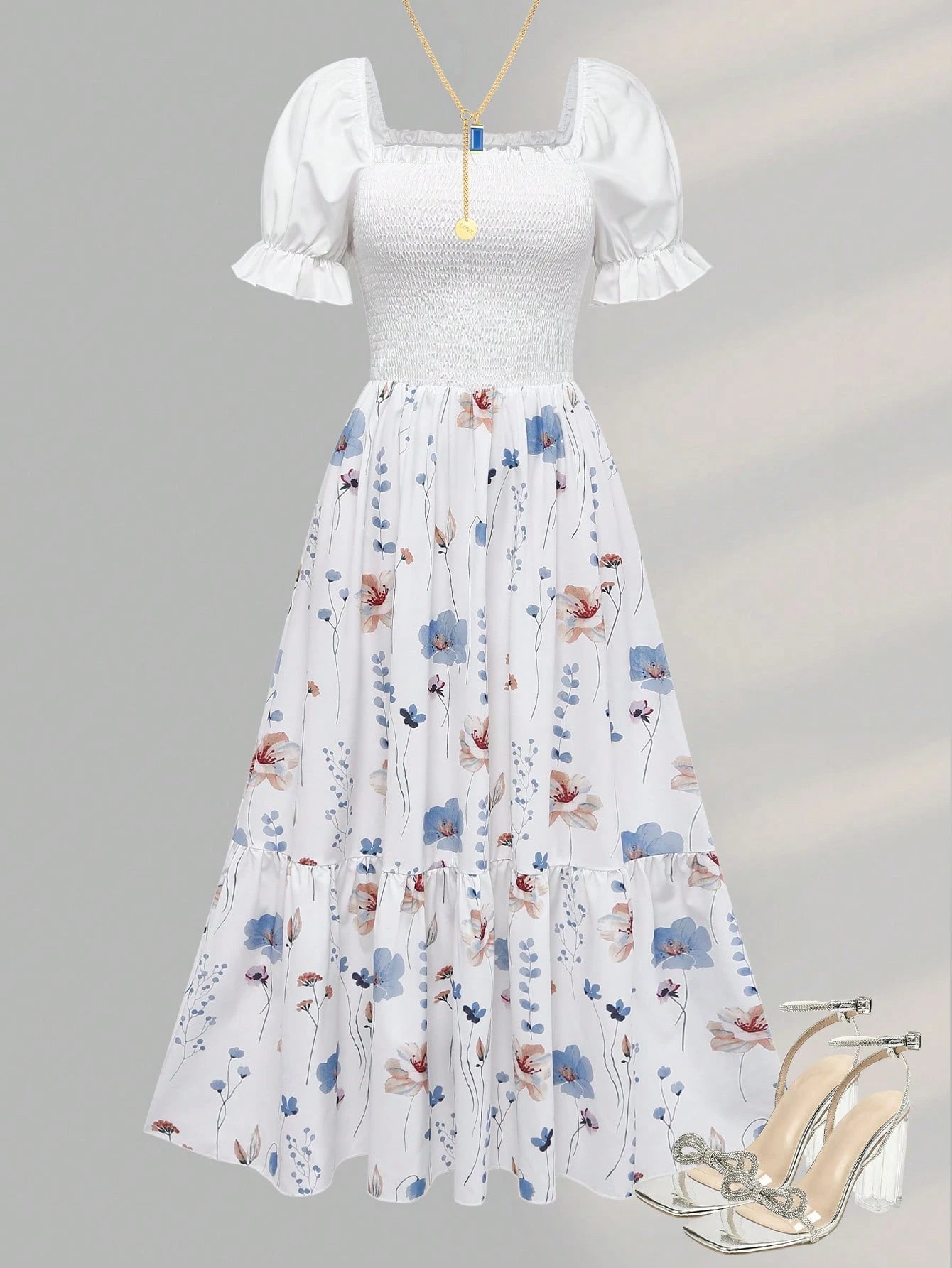 Women's Summer Vacation Floral Bright Print Waist Patchwork Dress,