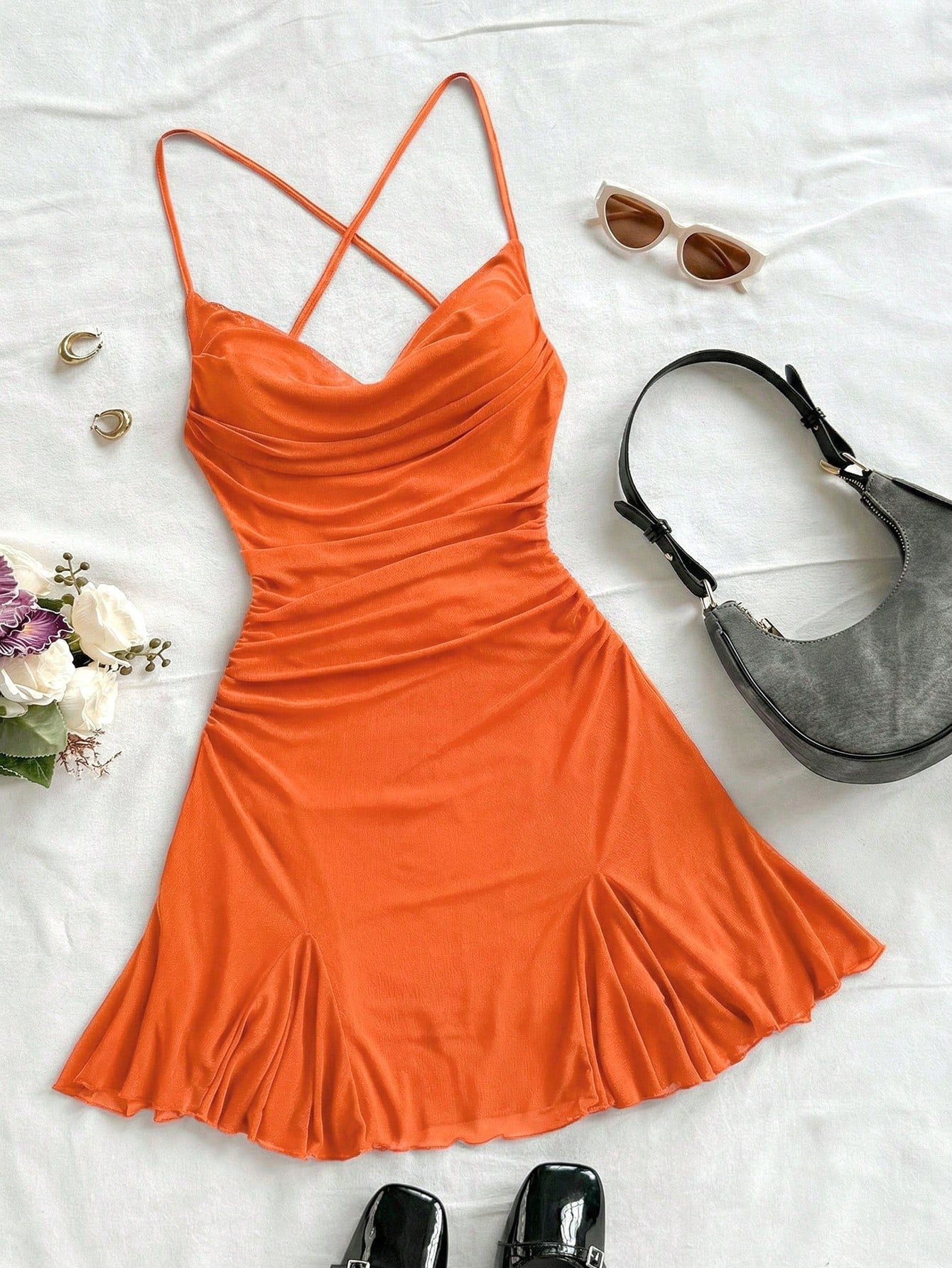 Soleia Women's Burnt Orange Spaghetti Strap Mini Dress,Summer 70s