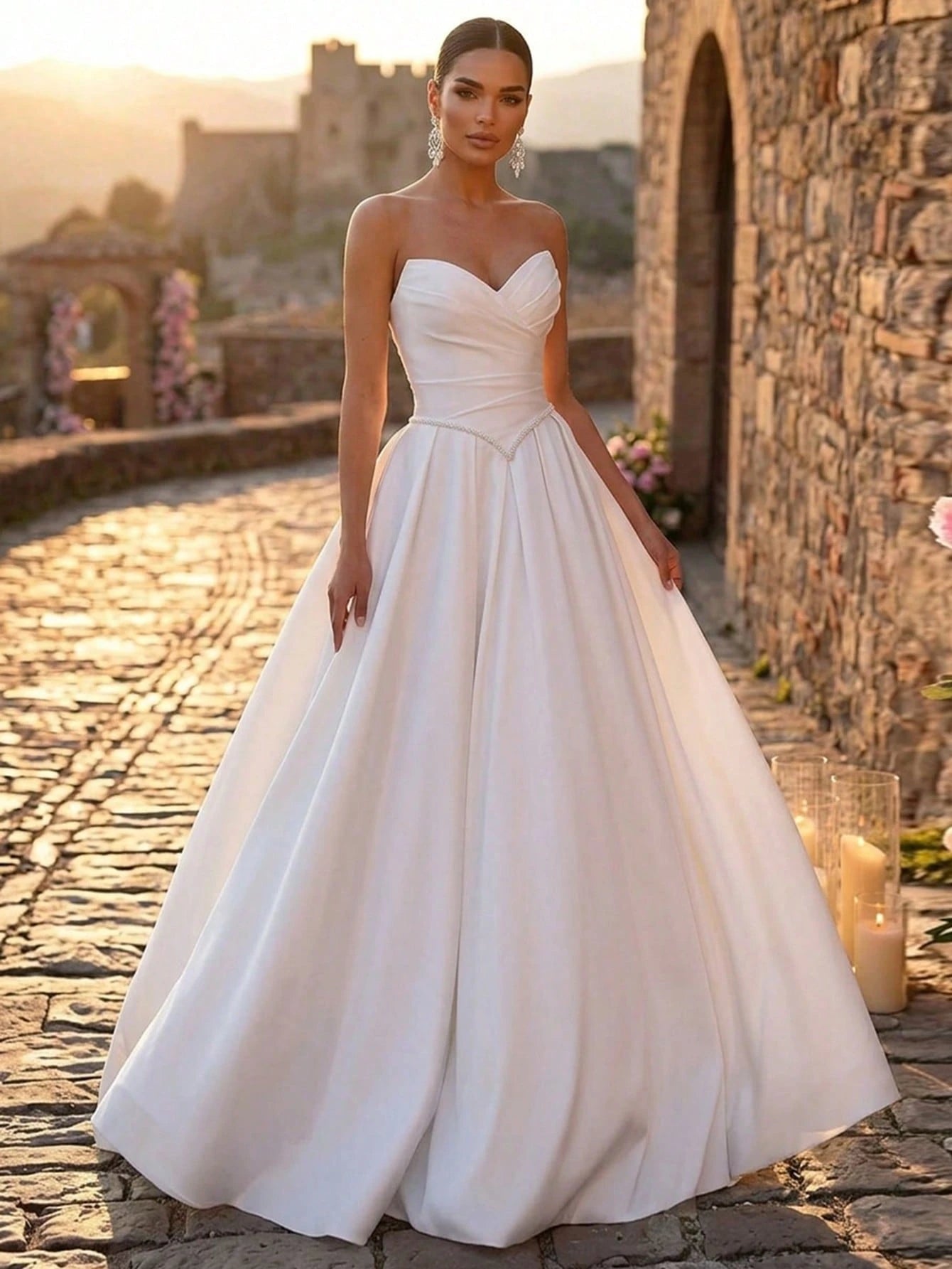 Glamrae Elegant Luxurious Satin Ruched Extra-Wide Hem Sexy Strapless Dress, Suitable For Weddings, Events,