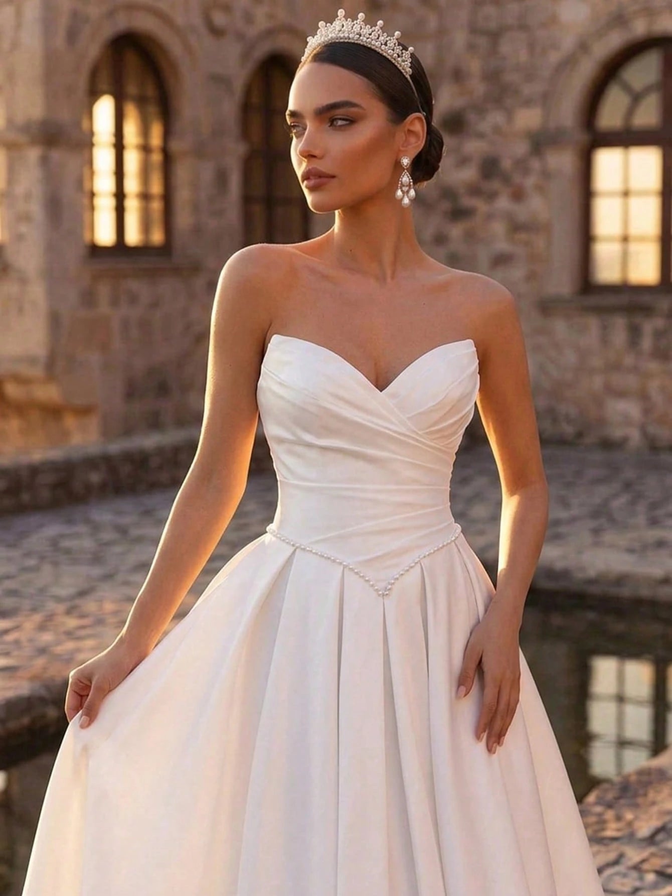 Glamrae Elegant Luxurious Satin Ruched Extra-Wide Hem Sexy Strapless Dress, Suitable For Weddings, Events, - image 2