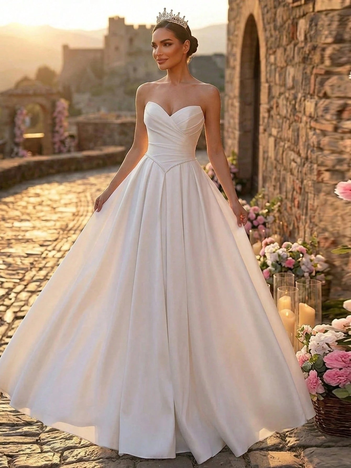 Glamrae Elegant Luxurious Satin Ruched Extra-Wide Hem Sexy Strapless Dress, Suitable For Weddings, Events, - image 7