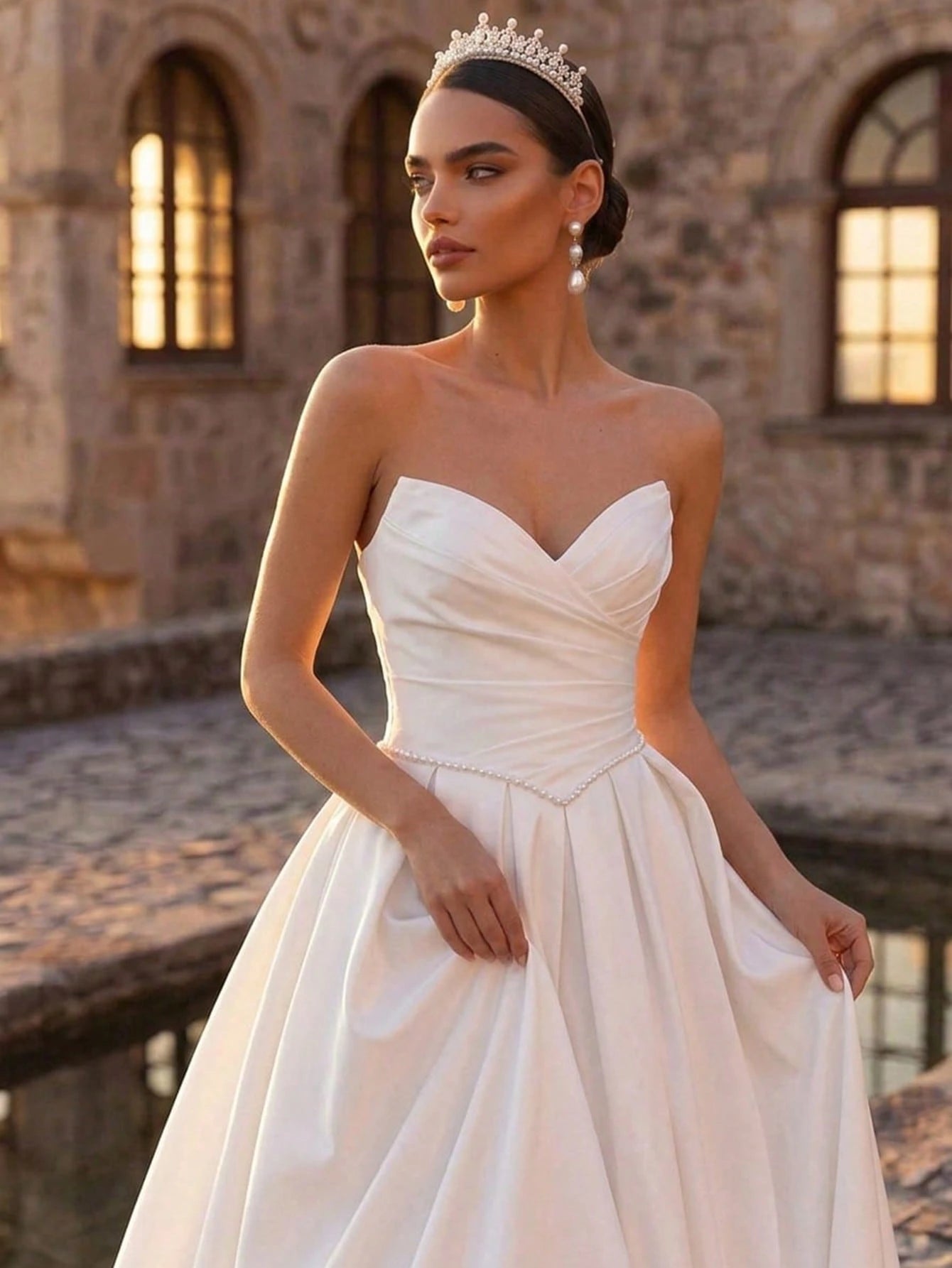 Glamrae Elegant Luxurious Satin Ruched Extra-Wide Hem Sexy Strapless Dress, Suitable For Weddings, Events, - image 4