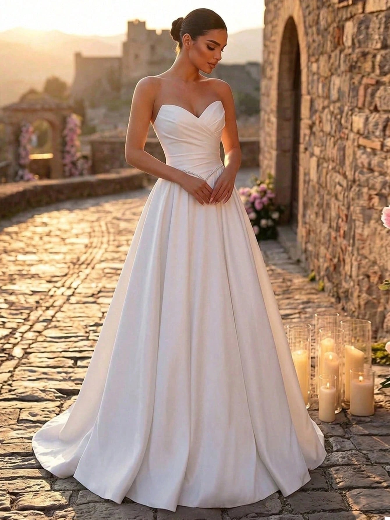 Glamrae Elegant Luxurious Satin Ruched Extra-Wide Hem Sexy Strapless Dress, Suitable For Weddings, Events, - image 6