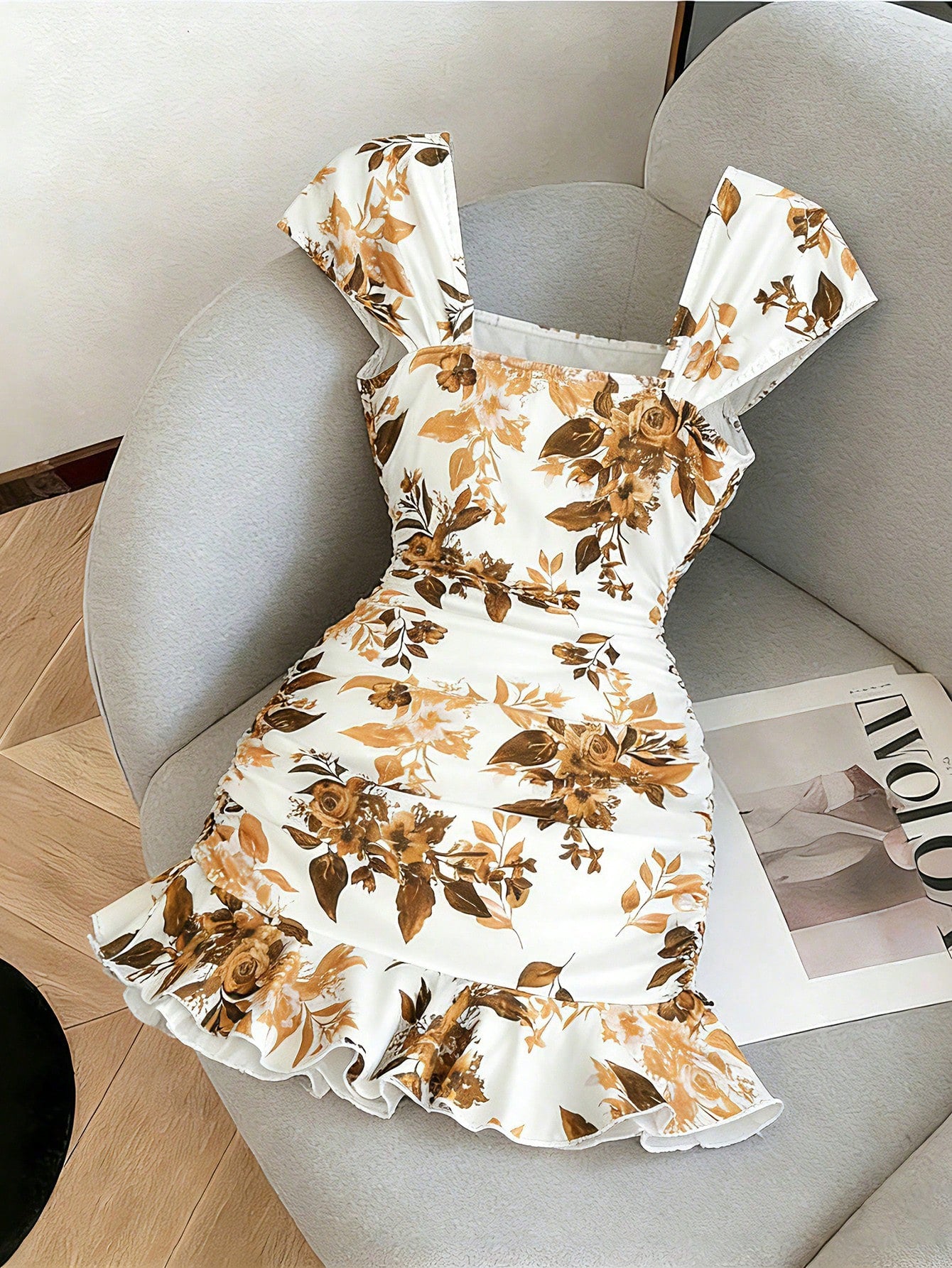 LUNE New Women's Square Neck Polka Dot Print Ruched Waist Ruffle Hem