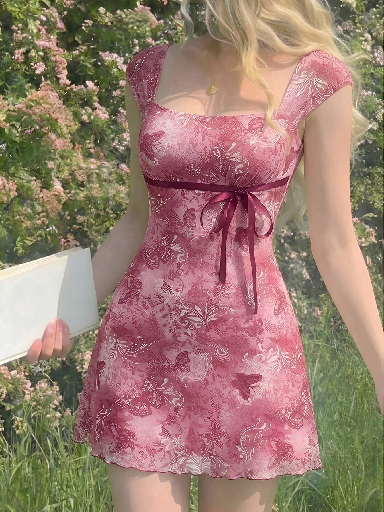 MOD Bowknot Pleated Mesh Abstract Floral Dress, Back To School, Elegant French, Vacation, Going Out Date - image 17
