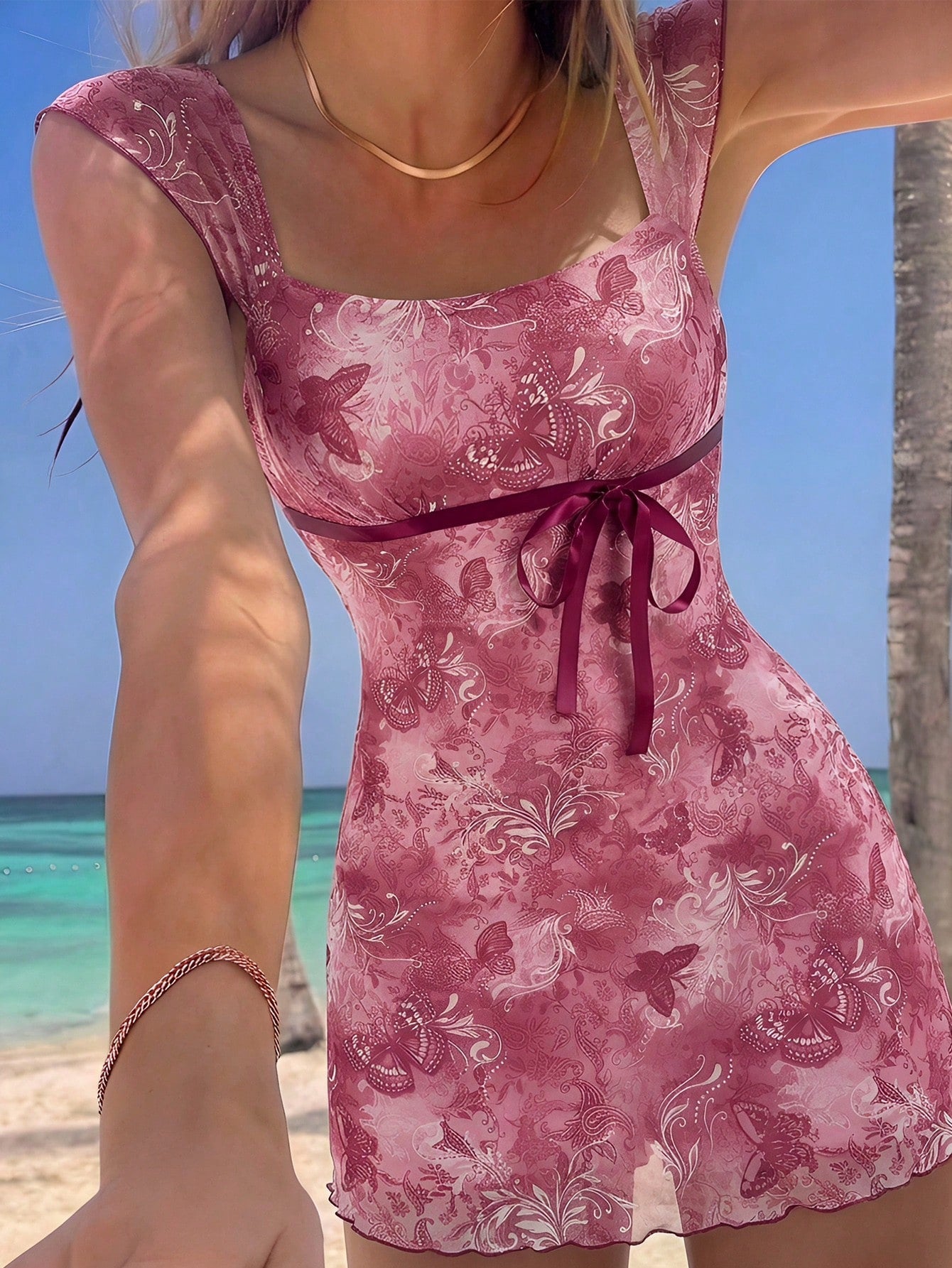 MOD Bowknot Pleated Mesh Abstract Floral Dress, Back To School, Elegant French, Vacation, Going Out Date - image 18