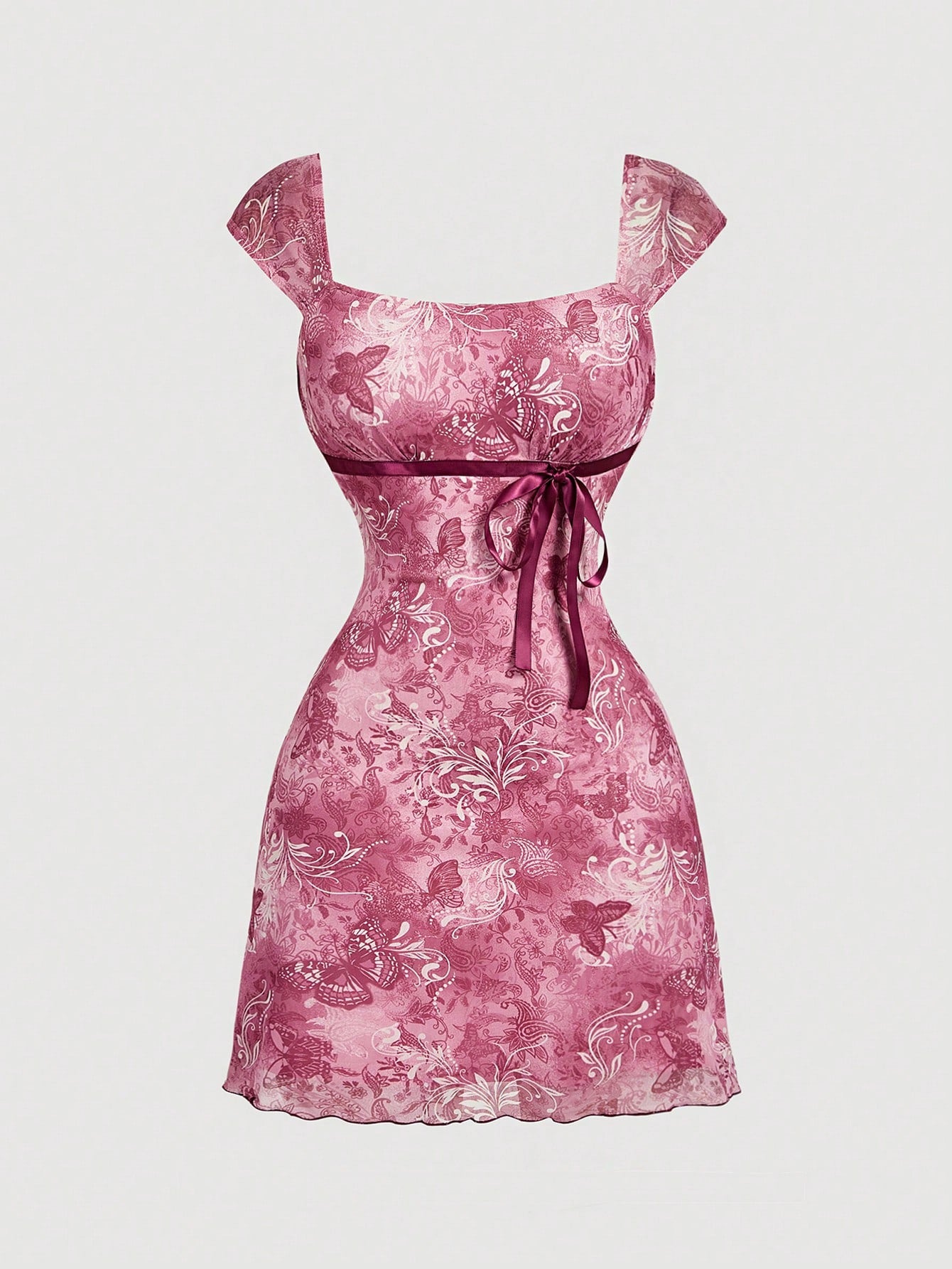 MOD Bowknot Pleated Mesh Abstract Floral Dress, Back To School, Elegant French, Vacation, Going Out Date - image 20