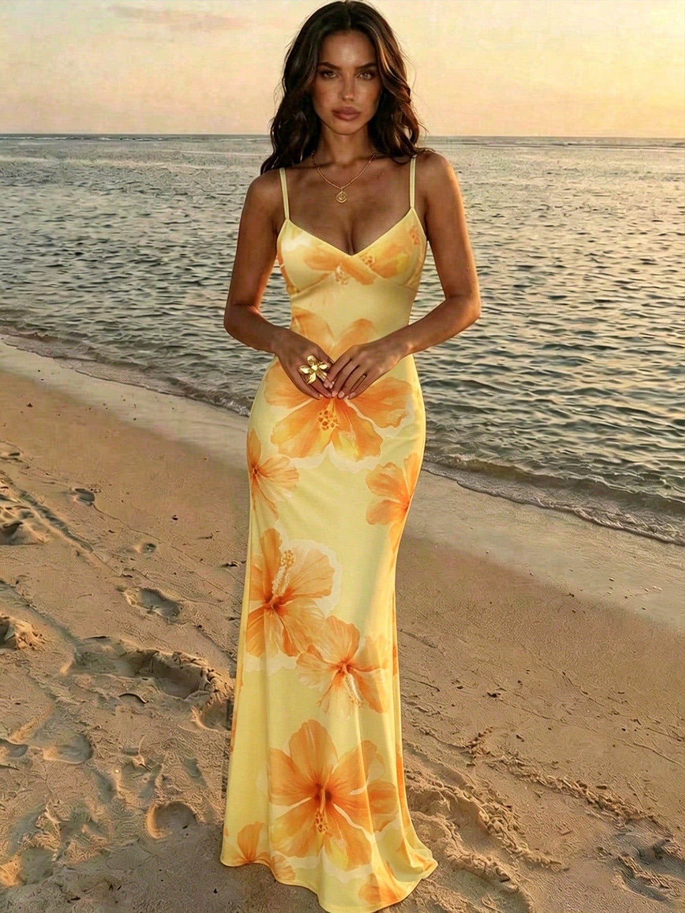 Aloruh Vacation Spaghetti Strap Tie-Up Bodycon Printed Dress For