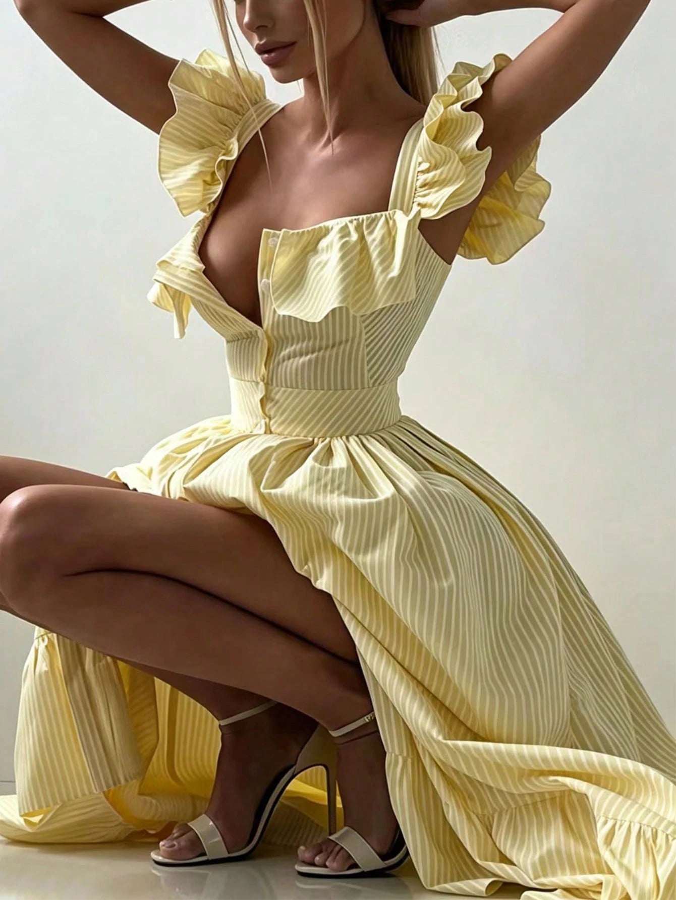 Pariaura Yellow Background White Striped Women's Summer Dress,
