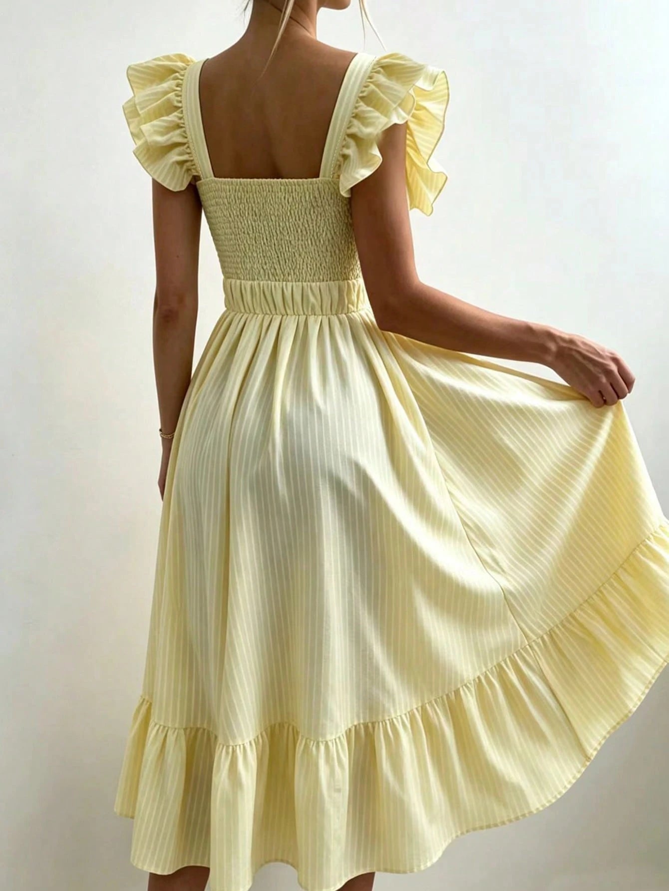 Pariaura Yellow Background White Striped Women's Summer Dress,