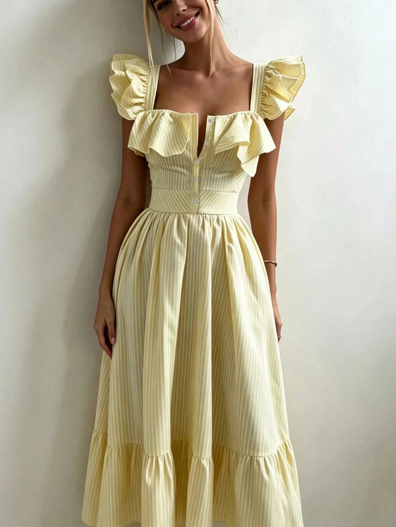 Pariaura Yellow Background White Striped Women's Summer Dress,
