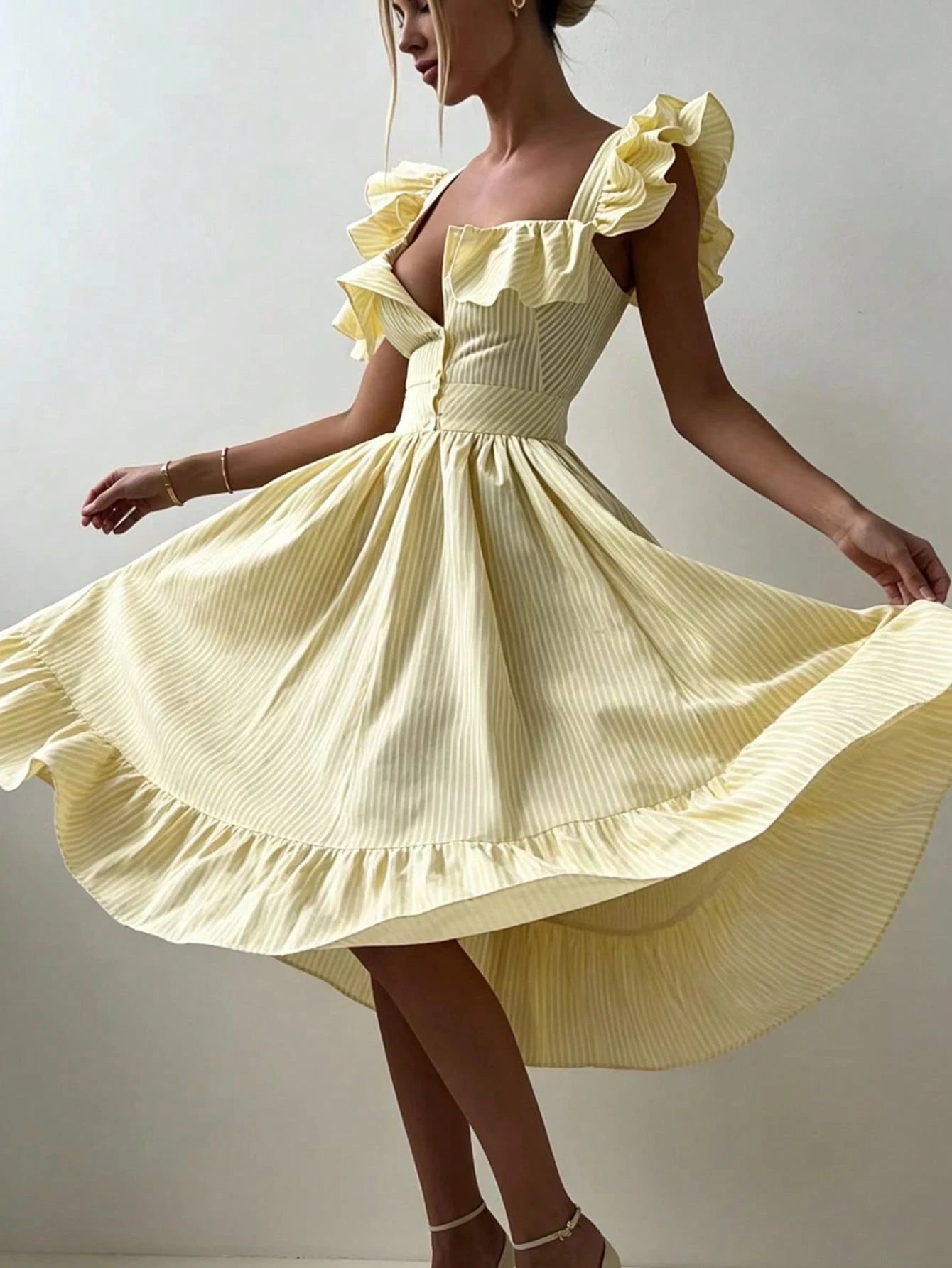Pariaura Yellow Background White Striped Women's Summer Dress,