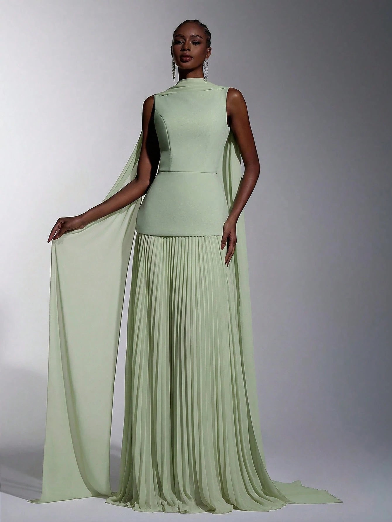 Elitara Sage Green Summer Elegant Formal Wedding Guest Dress,Chiffon Patchwork Pleated Skirt,A-Line Boat Neck - image 8
