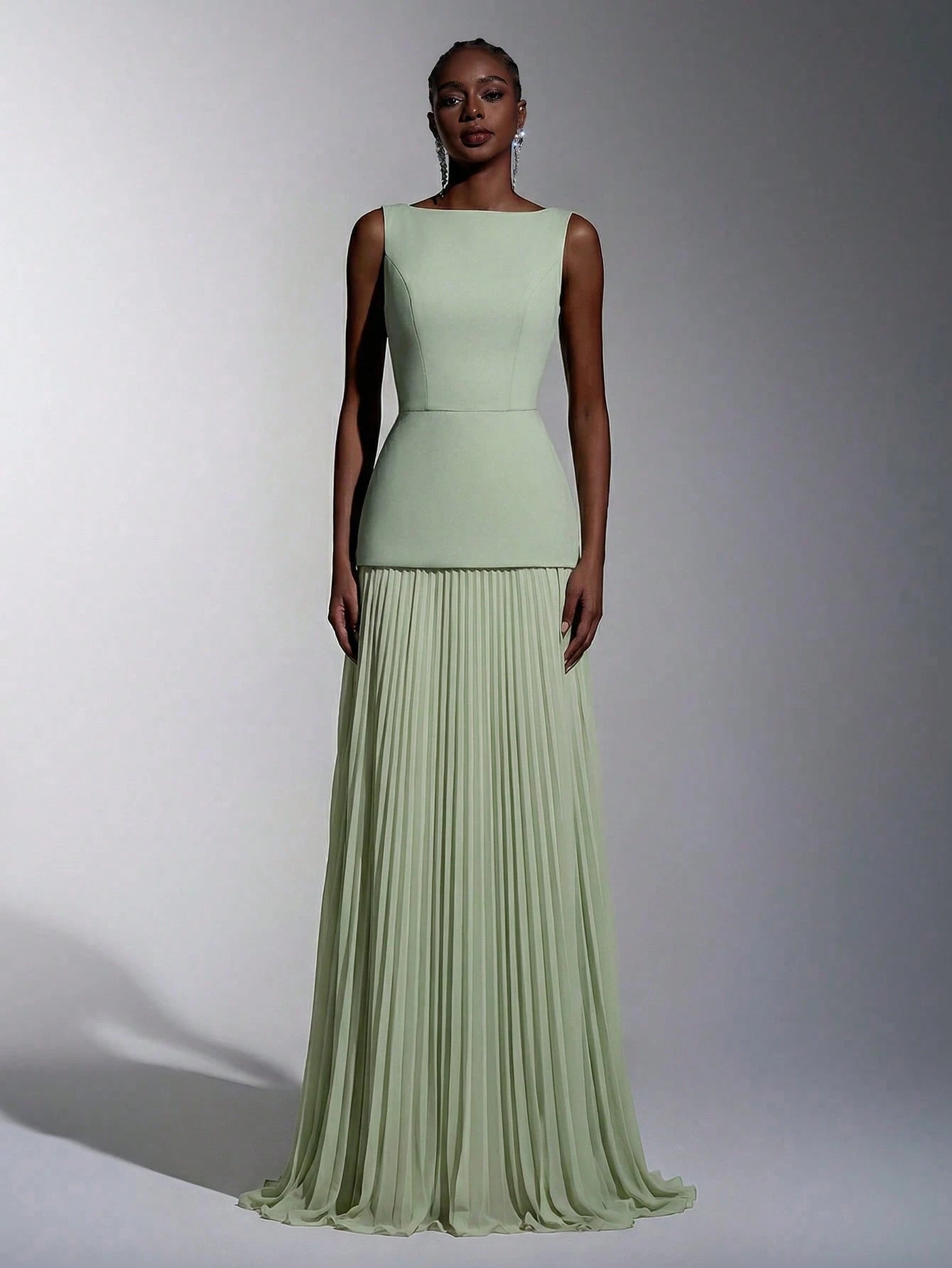 Elitara Sage Green Summer Elegant Formal Wedding Guest Dress,Chiffon Patchwork Pleated Skirt,A-Line Boat Neck - image 10