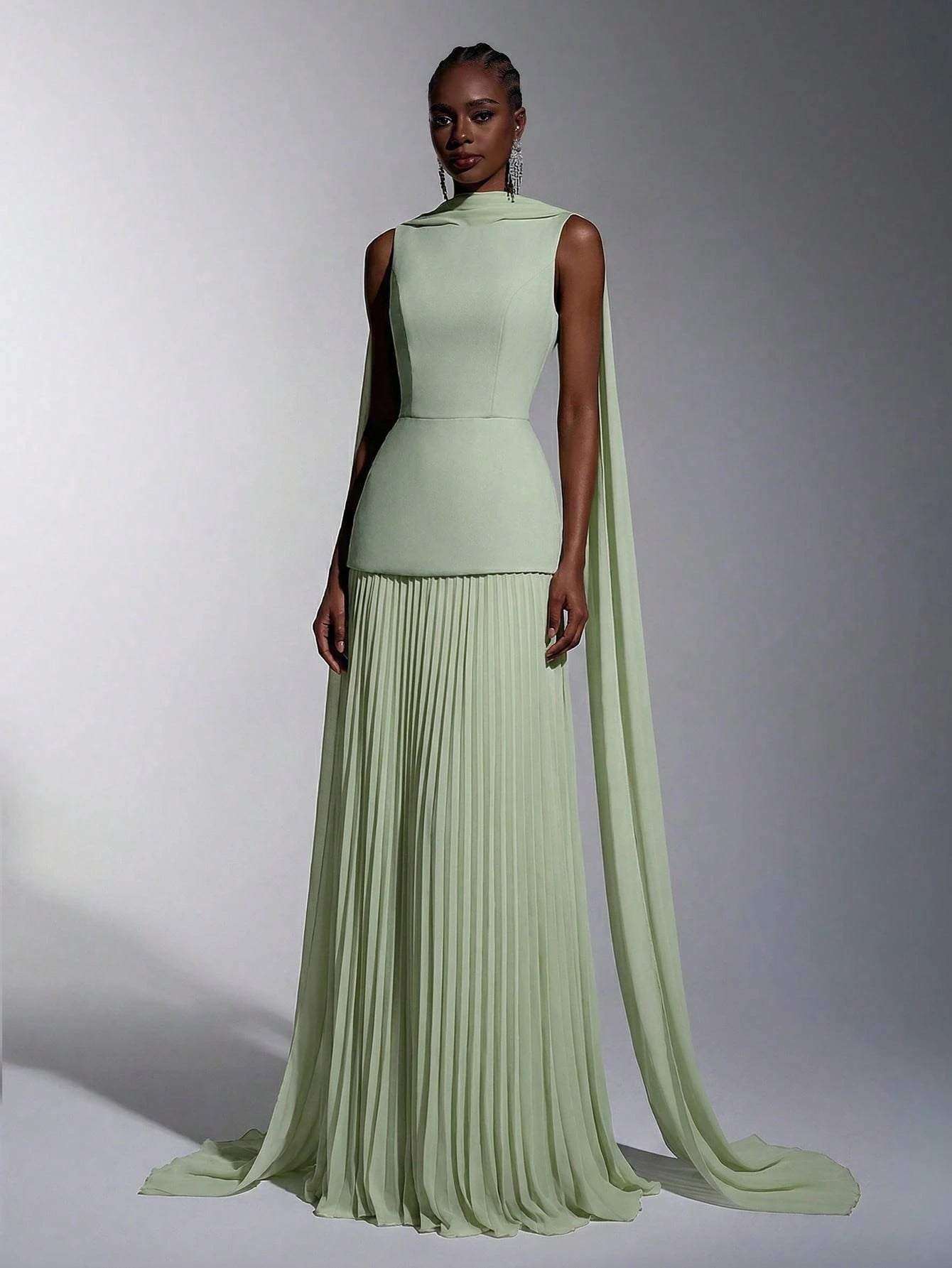 Elitara Sage Green Summer Elegant Formal Wedding Guest Dress,Chiffon Patchwork Pleated Skirt,A-Line Boat Neck - image 11