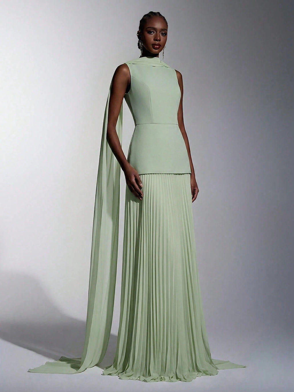 Elitara Sage Green Summer Elegant Formal Wedding Guest Dress,Chiffon Patchwork Pleated Skirt,A-Line Boat Neck - image 12