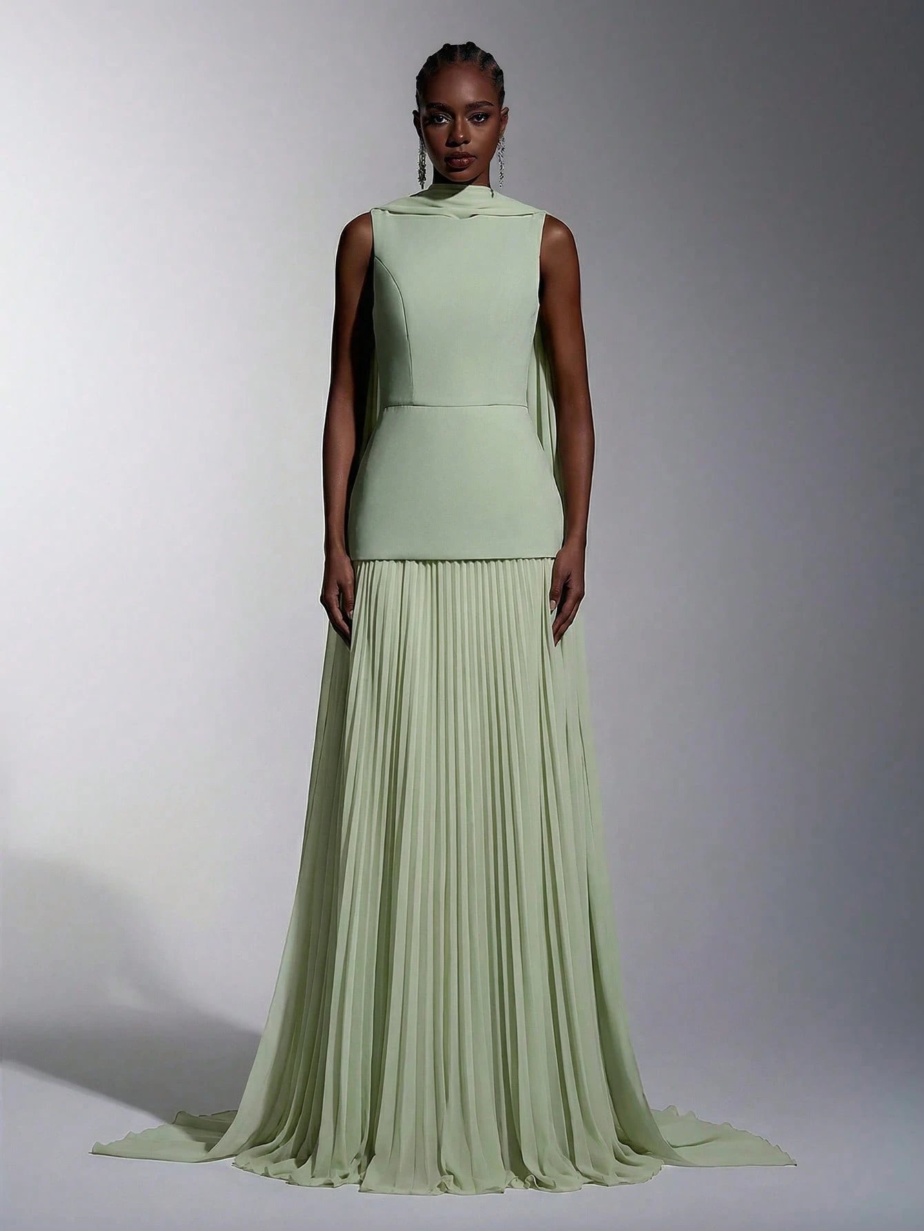 Elitara Sage Green Summer Elegant Formal Wedding Guest Dress,Chiffon Patchwork Pleated Skirt,A-Line Boat Neck - image 13
