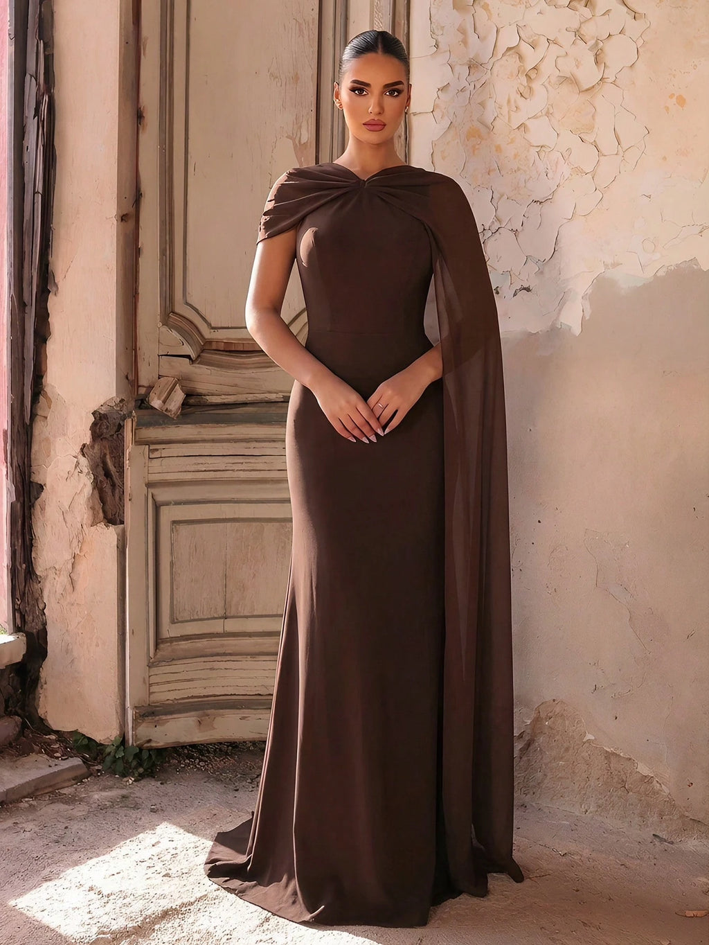 Aureia Rust Brown Summer Elegant Formal Wedding Dress Asymmetrical Neckline Flowing Sleeves A-Line Silhouette - image 2