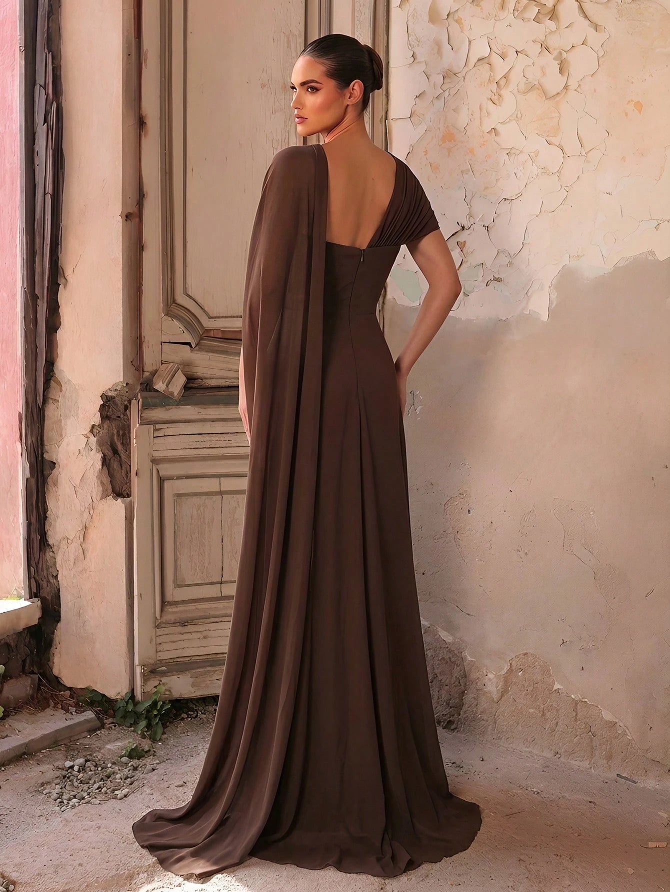 Aureia Rust Brown Summer Elegant Formal Wedding Dress Asymmetrical Neckline Flowing Sleeves A-Line Silhouette - image 3