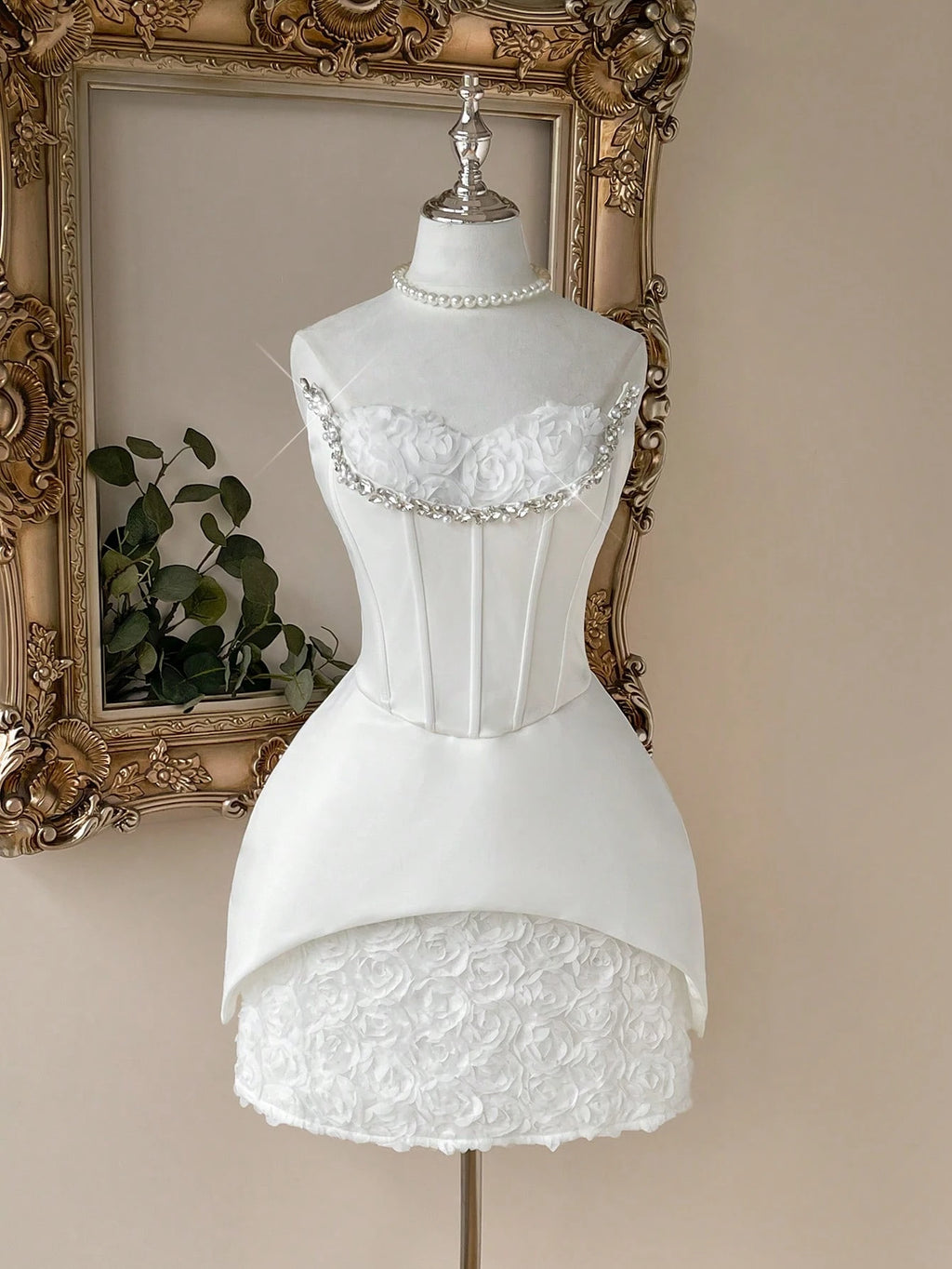 Lovelzi Elegant White Bridal Shower,3D Floral Rhinestone Strapless 2 In 1 Fishtail A-Line Evening Party