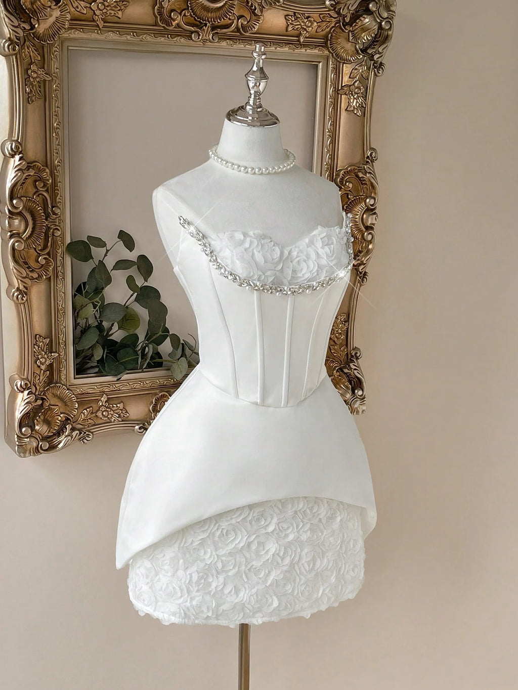 Lovelzi Elegant White Bridal Shower,3D Floral Rhinestone Strapless 2 In 1 Fishtail A-Line Evening Party - image 4