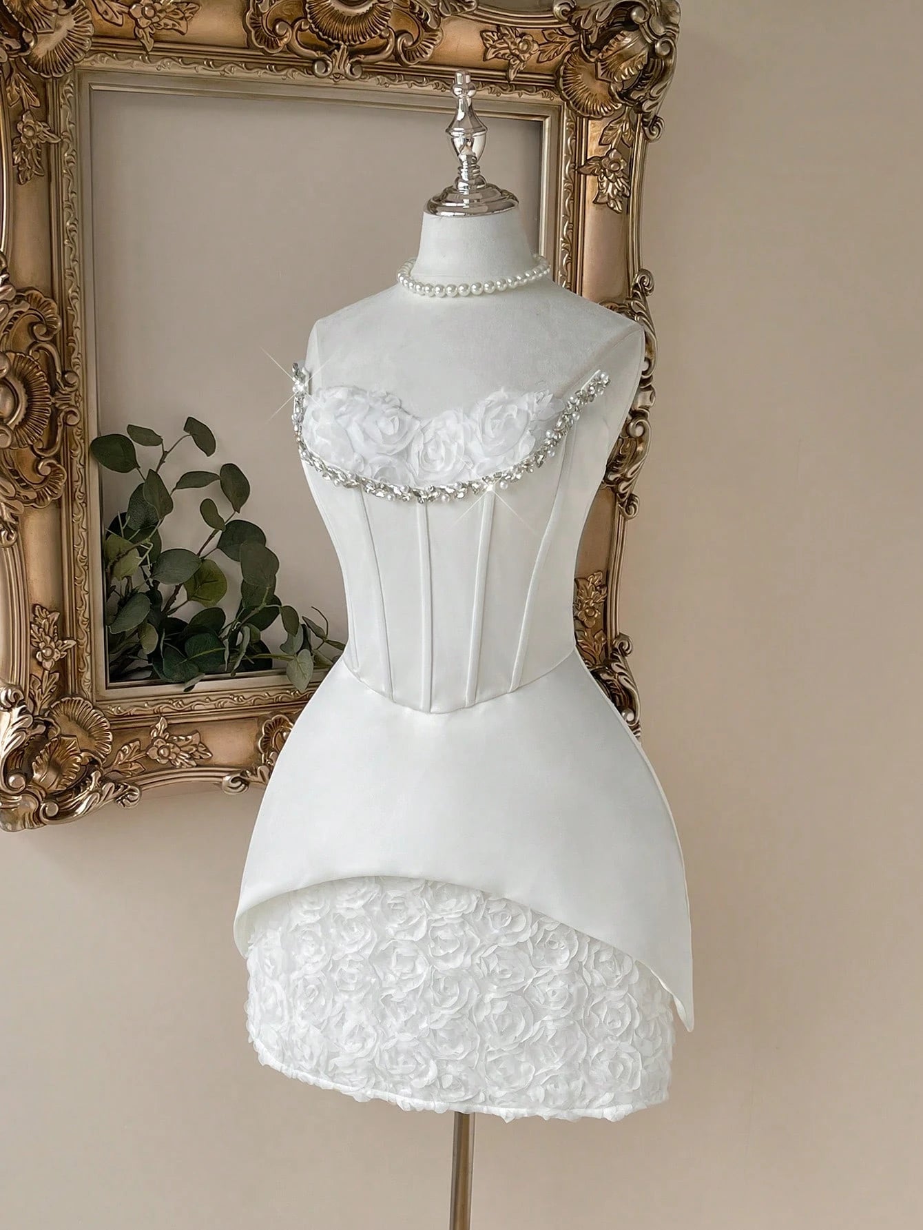 Lovelzi Elegant White Bridal Shower,3D Floral Rhinestone Strapless 2 In 1 Fishtail A-Line Evening Party - image 5