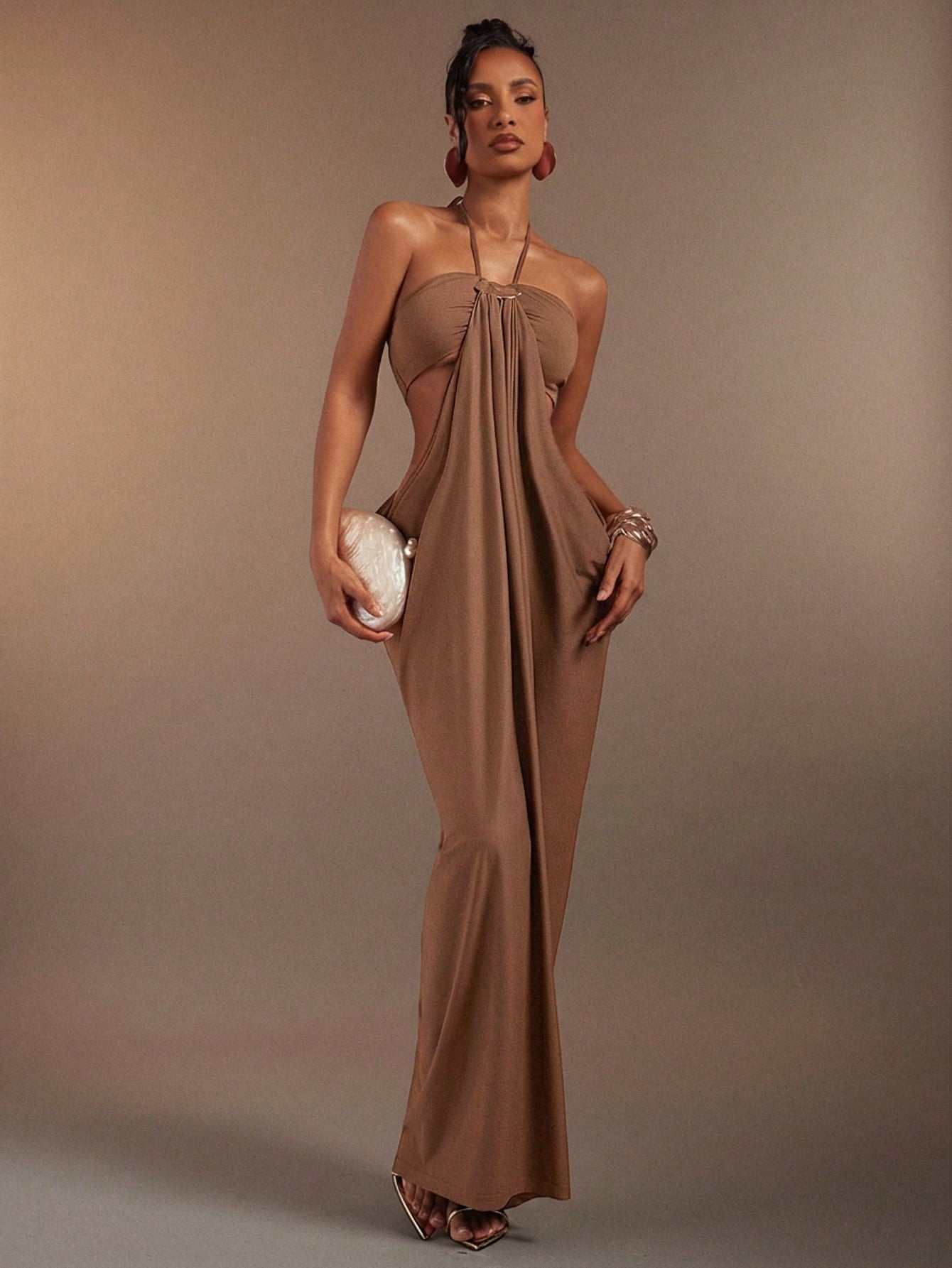Hauture Olive Green Bandeau Cut Out Side Draped Gathered Side Halter Neck Maxi Dess - image 19