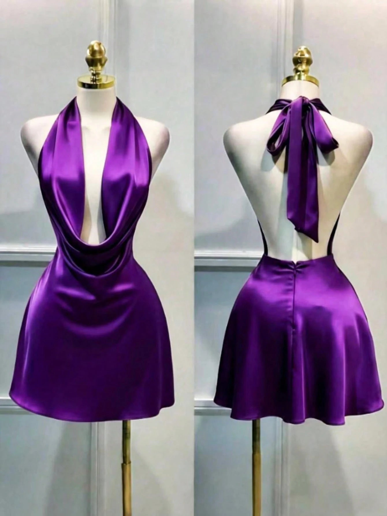 Women's Solid Color Plunging Neckline Backless Sexy Halter Mini Dress