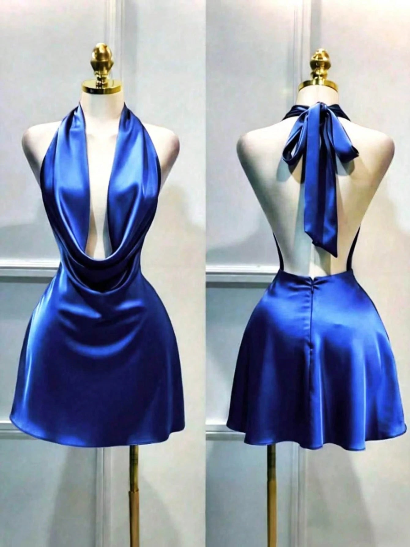 Women's Solid Color Plunging Neckline Backless Sexy Halter Mini Dress Summer Elegant - image 16