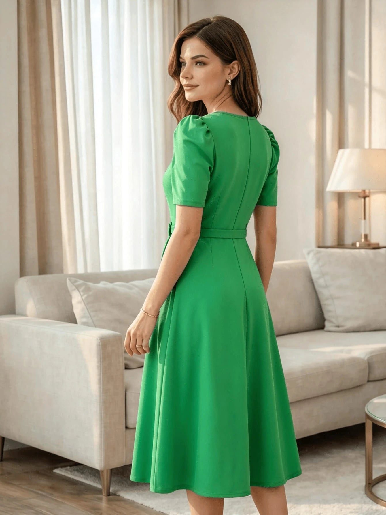 Red Elegant Belted Short Sleeve Midi Dress For Women Casual A Line
