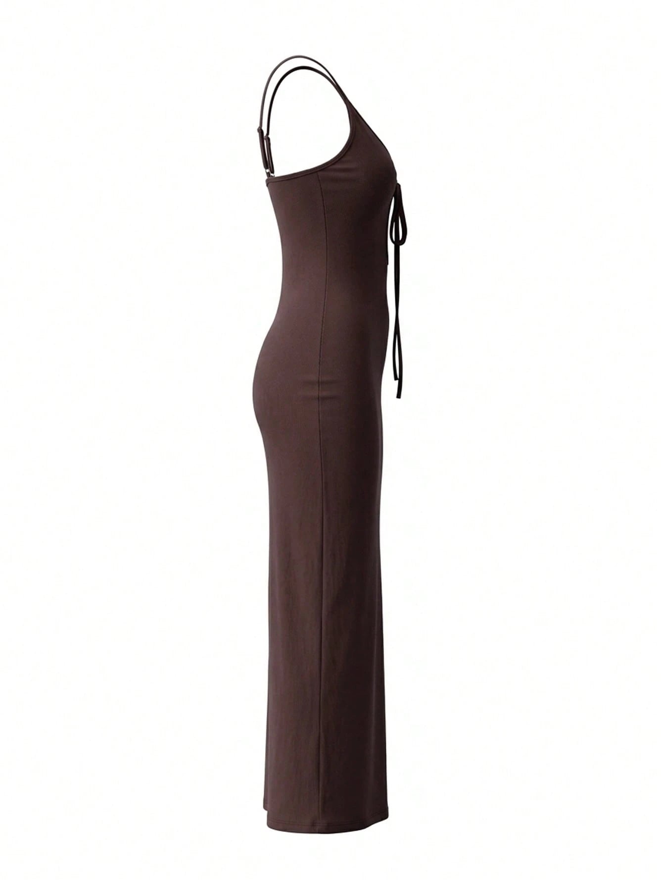 LovelyWholesale Women's Sexy Deep V-Neck Hollow Lace-Up Fitted Long Dress, Summer Elegant Brown - image 9