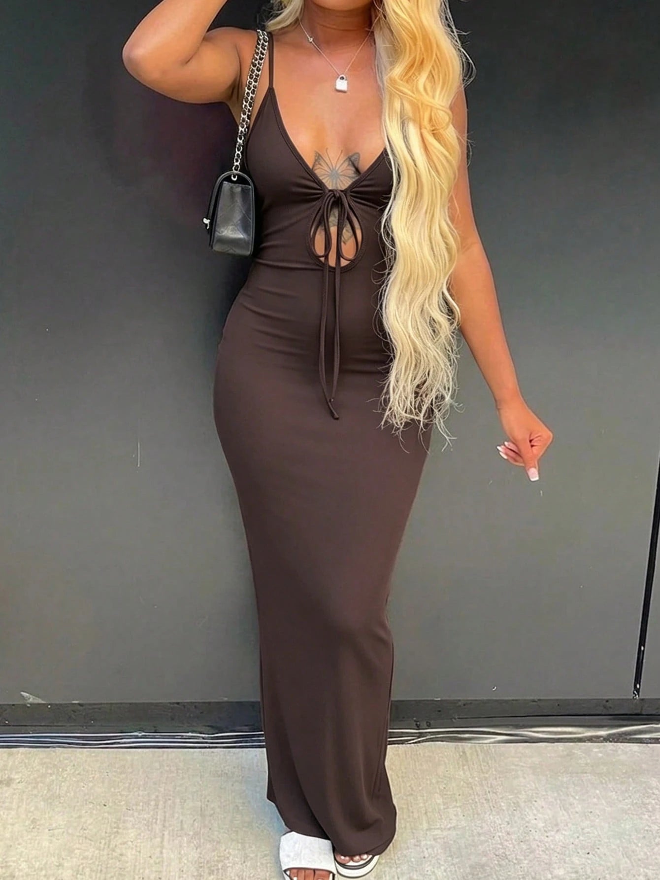 LovelyWholesale Women's Sexy Deep V-Neck Hollow Lace-Up Fitted Long Dress, Summer Elegant Brown - image 4