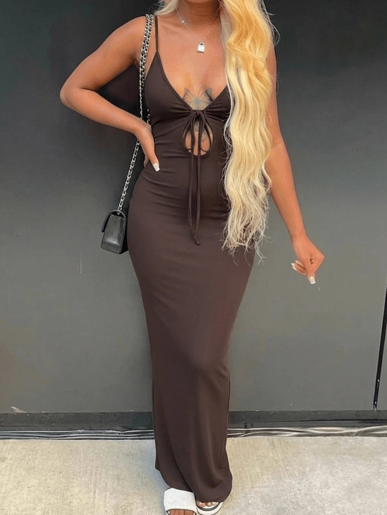 LovelyWholesale Women's Sexy Deep V-Neck Hollow Lace-Up Fitted Long Dress, Summer Elegant Brown - image 5