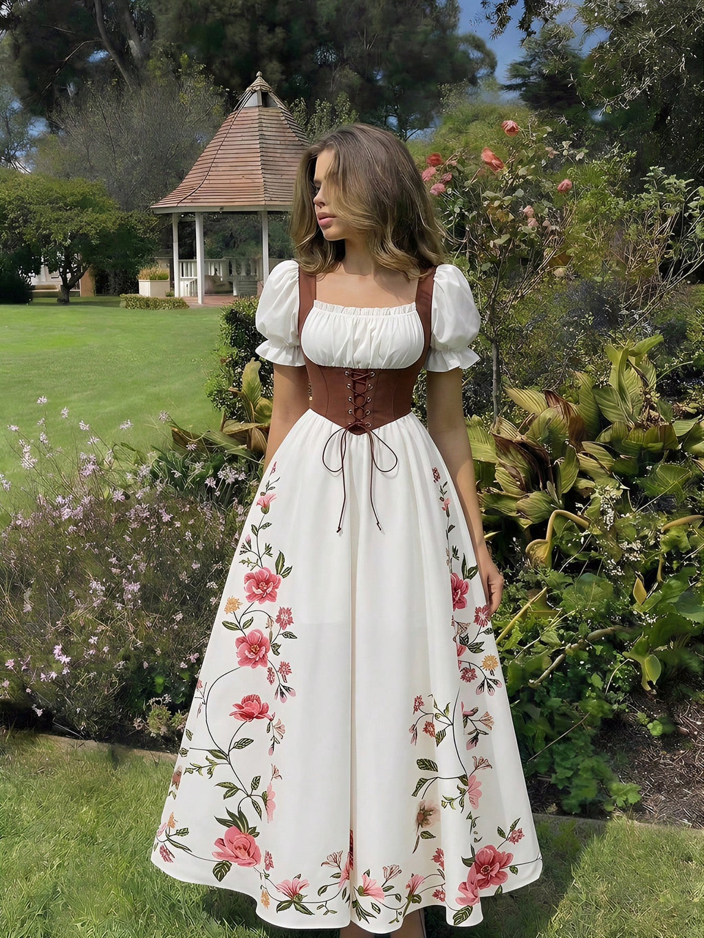 MOD Women's Floral Print Elegant White And Pink Summer Maxi