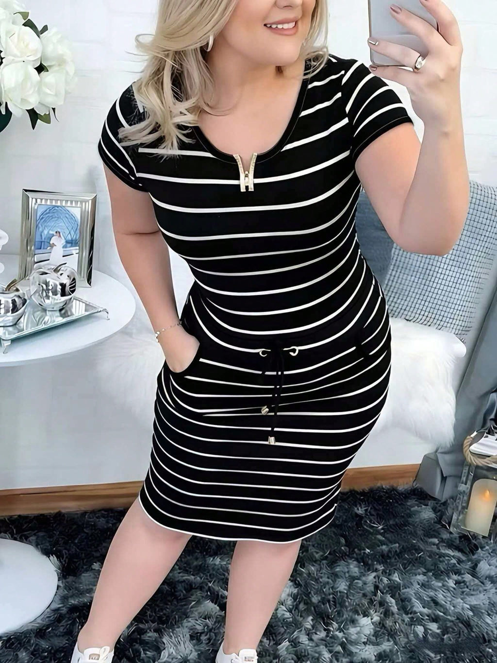 Women's Casual Striped Short Sleeve Shirt Dress With Drawstring Waist
