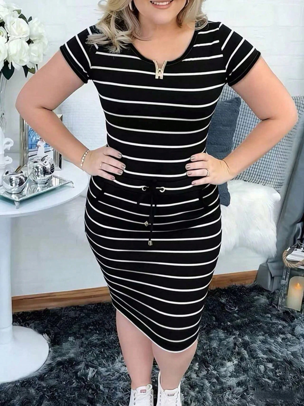Women's Casual Striped Short Sleeve Shirt Dress With Drawstring Waist