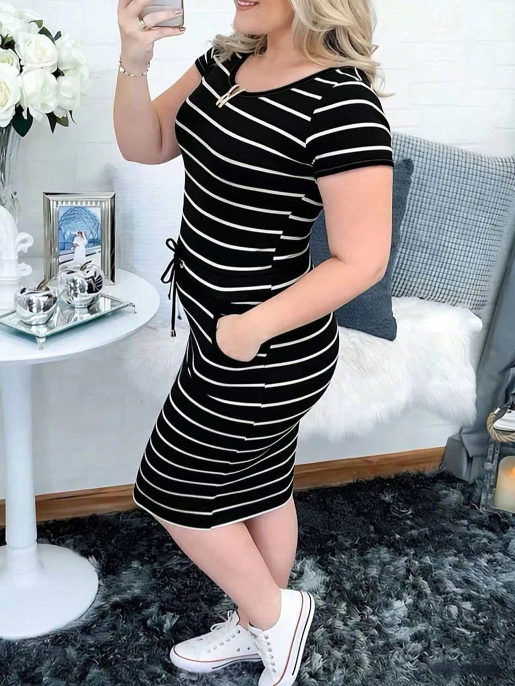 Women's Casual Striped Short Sleeve Shirt Dress With Drawstring Waist