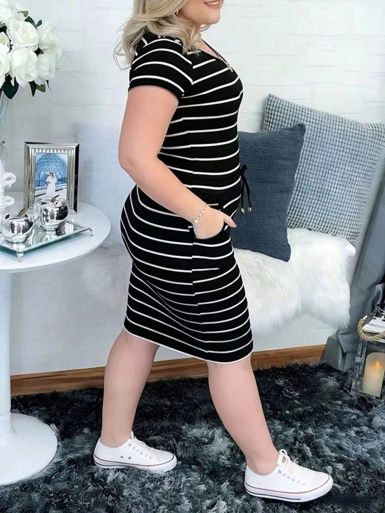 Women's Casual Striped Short Sleeve Shirt Dress With Drawstring Waist