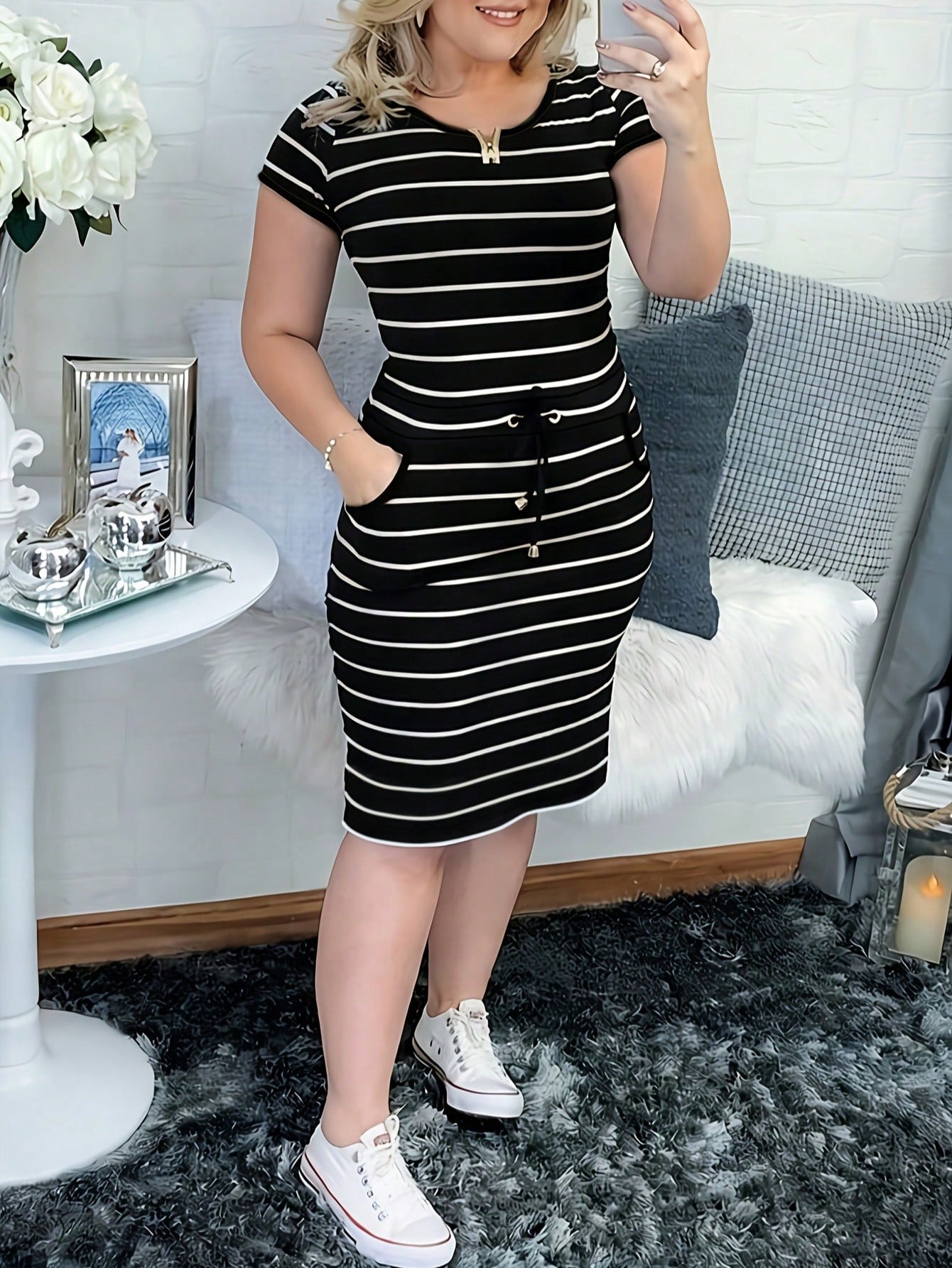 Women's Casual Striped Short Sleeve Shirt Dress With Drawstring Waist And Pockets Elegant Summer, Work To - image 13