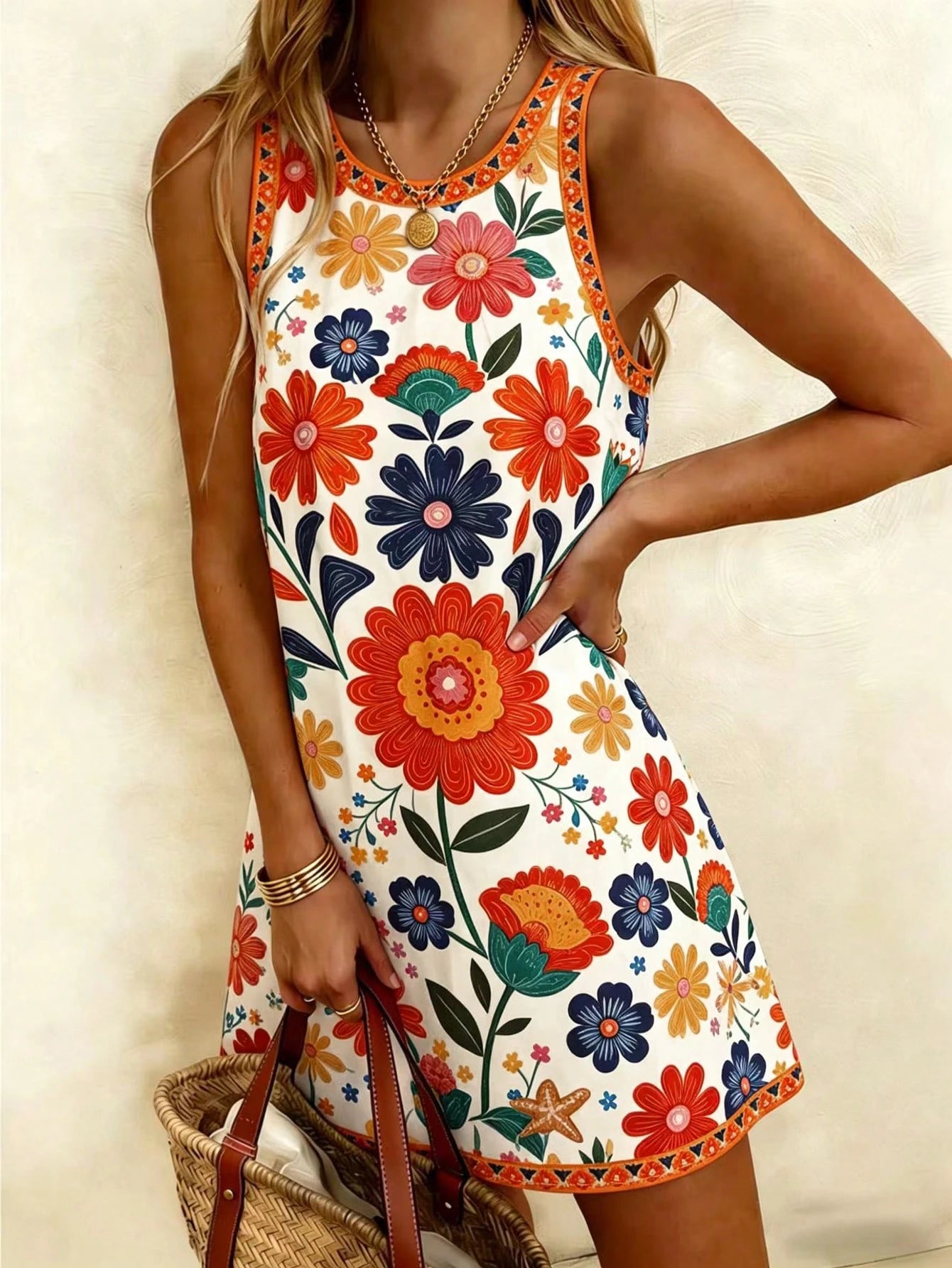 Vaclyn Women's White Print Round Neck Sleeveless Dress Beach Vacation